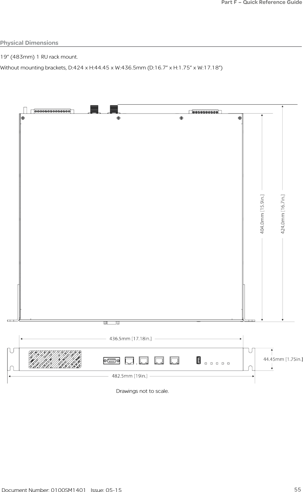 55   Document Number: 0100SM1401   Issue: 05-15Physical Dimensions19” (483mm) 1 RU rack mount.Without mounting brackets, D:424 x H:44.45 x W:436.5mm (D:16.7” x H:1.75” x W:17.18”)Drawings not to scale.Part F – Quick Reference Guide