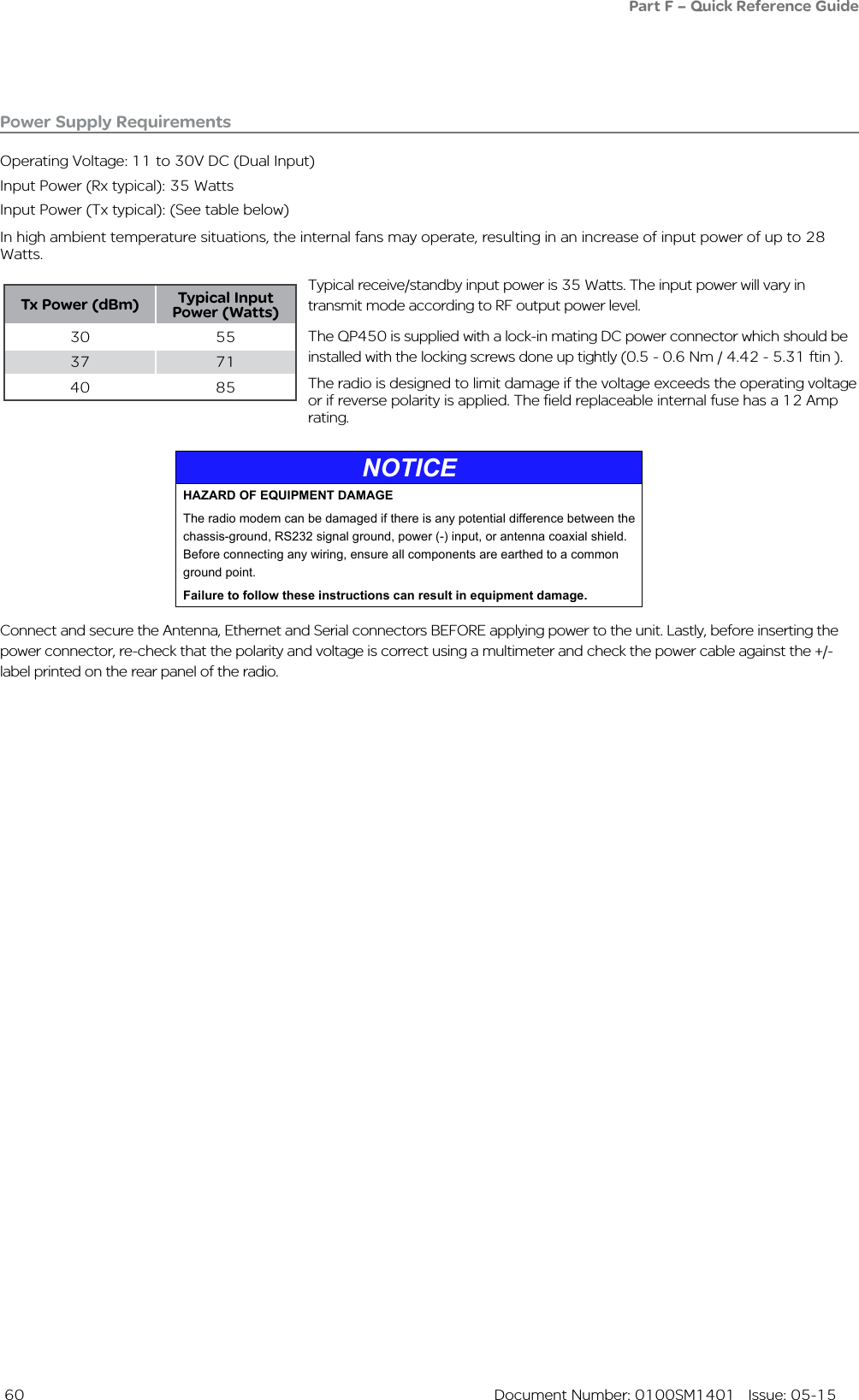  60  Document Number: 0100SM1401   Issue: 05-15Power Supply RequirementsOperating Voltage: 11 to 30V DC (Dual Input)Input Power (Rx typical): 35 Watts Input Power (Tx typical): (See table below)In high ambient temperature situations, the internal fans may operate, resulting in an increase of input power of up to 28 Watts.Typical receive/standby input power is 35 Watts. The input power will vary in transmit mode according to RF output power level.The QP450 is supplied with a lock-in mating DC power connector which should be installed with the locking screws done up tightly (0.5 - 0.6 Nm / 4.42 - 5.31 ftin ). The radio is designed to limit damage if the voltage exceeds the operating voltage or if reverse polarity is applied. The field replaceable internal fuse has a 12 Amp rating. Connect and secure the Antenna, Ethernet and Serial connectors BEFORE applying power to the unit. Lastly, before inserting the power connector, re-check that the polarity and voltage is correct using a multimeter and check the power cable against the +/- label printed on the rear panel of the radio.Tx Power (dBm) Typical Input Power (Watts)30 5537 7140 85NOTICEHAZARD OF EQUIPMENT DAMAGEThe radio modem can be damaged if there is any potential difference between the chassis-ground, RS232 signal ground, power (-) input, or antenna coaxial shield. Before connecting any wiring, ensure all components are earthed to a common ground point.Failure to follow these instructions can result in equipment damage.Part F – Quick Reference Guide