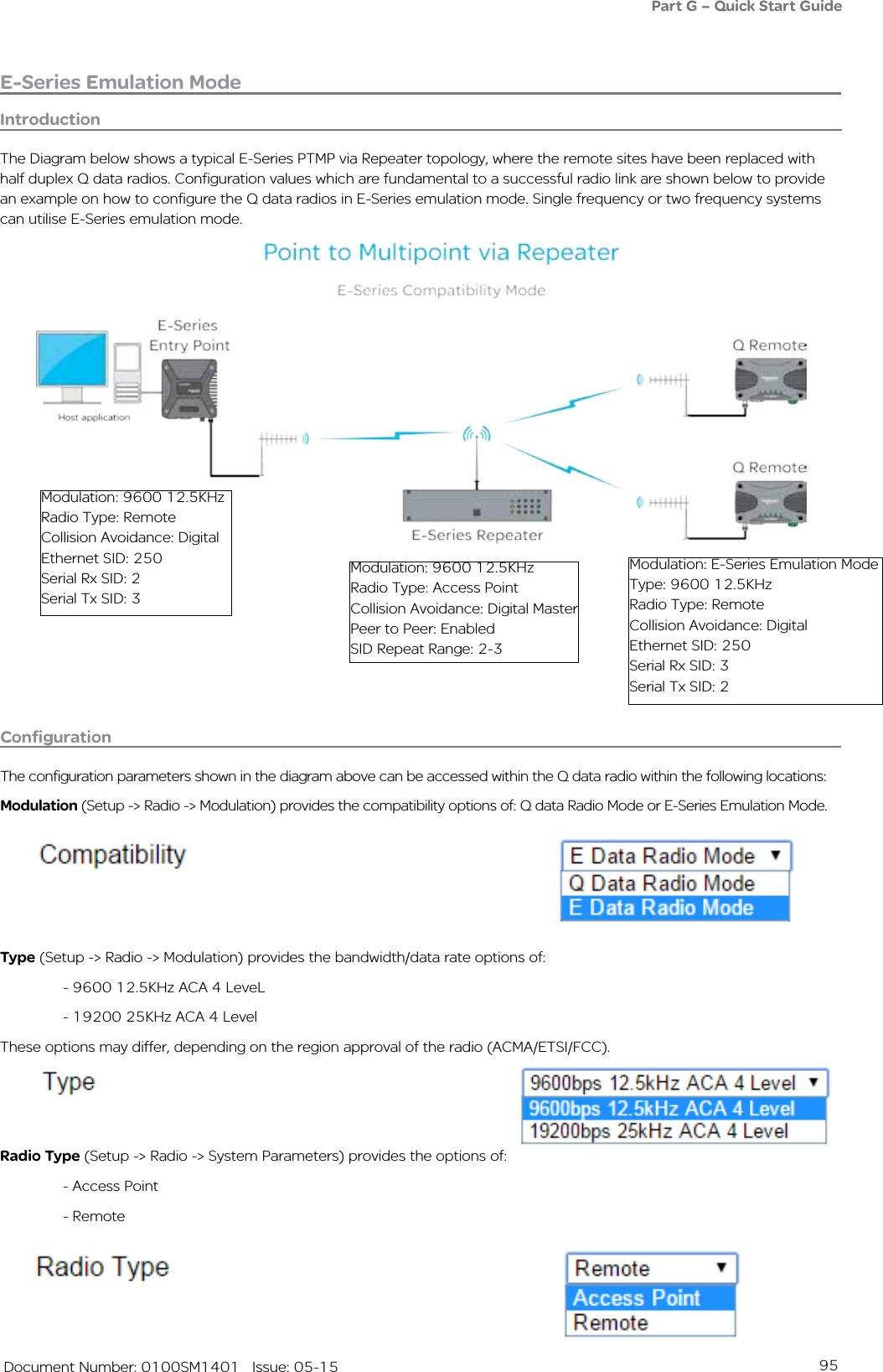95   Document Number: 0100SM1401   Issue: 05-15E-Series Emulation ModePart G – Quick Start GuideIntroductionThe Diagram below shows a typical E-Series PTMP via Repeater topology, where the remote sites have been replaced with half duplex Q data radios. Configuration values which are fundamental to a successful radio link are shown below to provide an example on how to configure the Q data radios in E-Series emulation mode. Single frequency or two frequency systems can utilise E-Series emulation mode.Modulation: 9600 12.5KHz Radio Type: RemoteCollision Avoidance: DigitalEthernet SID: 250Serial Rx SID: 2Serial Tx SID: 3Modulation: 9600 12.5KHzRadio Type: Access PointCollision Avoidance: Digital MasterPeer to Peer: EnabledSID Repeat Range: 2-3Modulation: E-Series Emulation ModeType: 9600 12.5KHzRadio Type: RemoteCollision Avoidance: DigitalEthernet SID: 250Serial Rx SID: 3Serial Tx SID: 2ConfigurationThe configuration parameters shown in the diagram above can be accessed within the Q data radio within the following locations:Modulation (Setup -&gt; Radio -&gt; Modulation) provides the compatibility options of: Q data Radio Mode or E-Series Emulation Mode.Type (Setup -&gt; Radio -&gt; Modulation) provides the bandwidth/data rate options of:    - 9600 12.5KHz ACA 4 LeveL  - 19200 25KHz ACA 4 LevelThese options may differ, depending on the region approval of the radio (ACMA/ETSI/FCC).Radio Type (Setup -&gt; Radio -&gt; System Parameters) provides the options of:   - Access Point  - Remote
