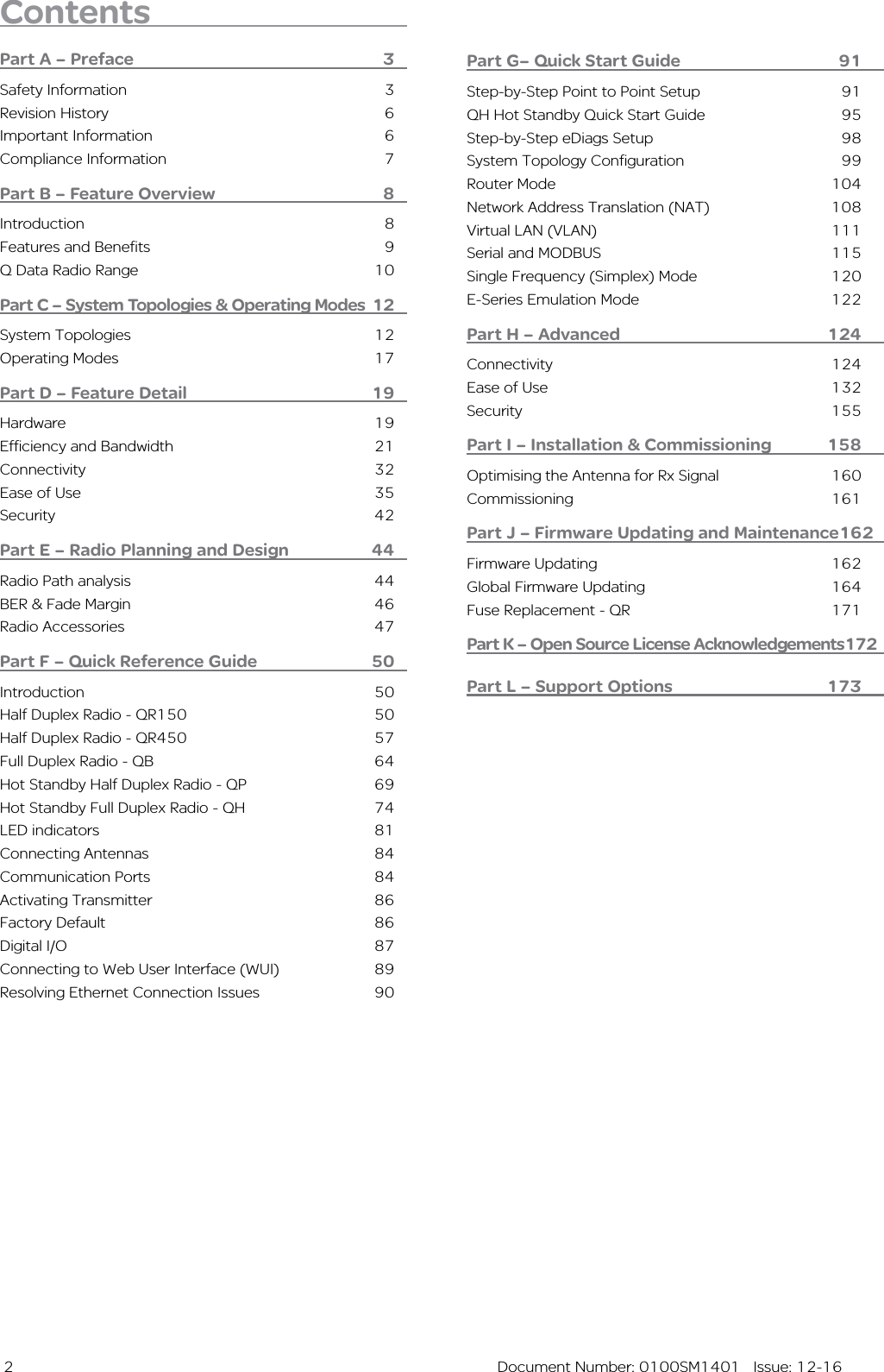  2  Document Number: 0100SM1401   Issue: 12-16Part G– Quick Start Guide  91Step-by-Step Point to Point Setup  91QH Hot Standby Quick Start Guide  95Step-by-Step eDiags Setup  98System Topology Configuration  99Router Mode  104Network Address Translation (NAT)  108Virtual LAN (VLAN)  111Serial and MODBUS  115Single Frequency (Simplex) Mode  120E-Series Emulation Mode  122Part H – Advanced  124Connectivity 124Ease of Use  132Security 155Part I – Installation &amp; Commissioning   158Optimising the Antenna for Rx Signal  160Commissioning   161Part J – Firmware Updating and Maintenance 162Firmware Updating  162Global Firmware Updating  164Fuse Replacement - QR  171Part K – Open Source License Acknowledgements 172Part L – Support Options  173ContentsPart A – Preface  3Safety Information  3Revision History  6Important Information  6Compliance Information  7Part B – Feature Overview  8Introduction 8Features and Benefits  9Q Data Radio Range  10Part C – System Topologies &amp; Operating Modes  12System Topologies  12Operating Modes  17Part D – Feature Detail  19Hardware 19Efficiency and Bandwidth  21Connectivity 32Ease of Use  35Security 42Part E – Radio Planning and Design  44Radio Path analysis  44BER &amp; Fade Margin  46Radio Accessories  47Part F – Quick Reference Guide   50Introduction 50Half Duplex Radio - QR150  50Half Duplex Radio - QR450  57Full Duplex Radio - QB  64Hot Standby Half Duplex Radio - QP  69Hot Standby Full Duplex Radio - QH  74LED indicators  81Connecting Antennas  84Communication Ports  84Activating Transmitter  86Factory Default  86Digital I/O  87Connecting to Web User Interface (WUI)  89Resolving Ethernet Connection Issues  90