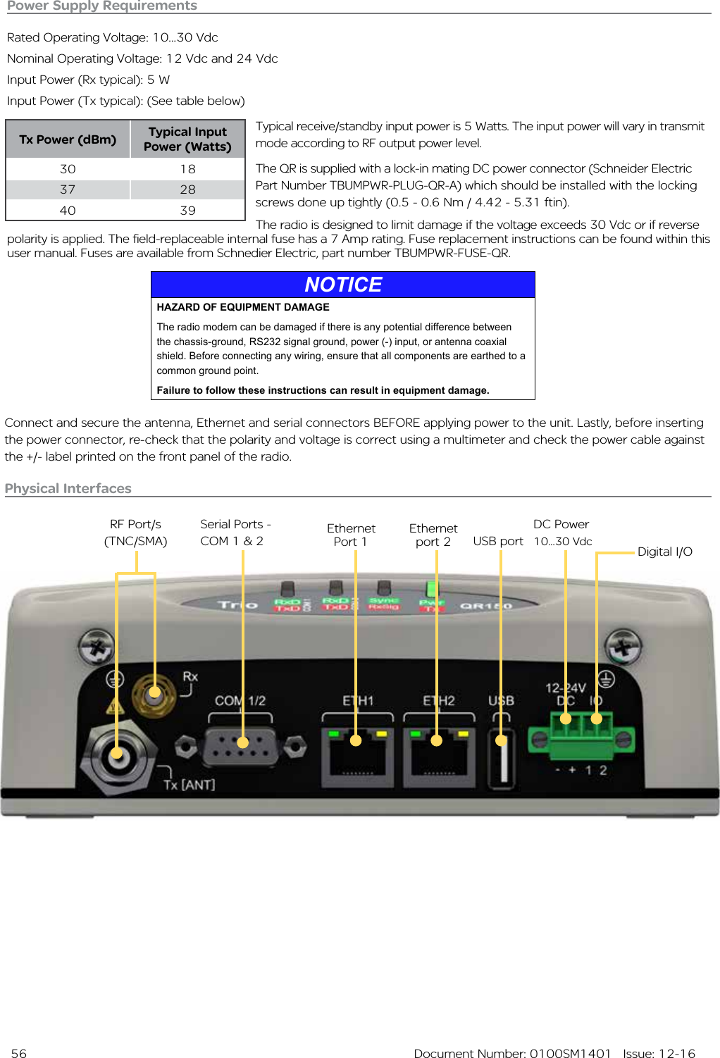  56  Document Number: 0100SM1401   Issue: 12-16Physical InterfacesRF Port/s (TNC/SMA)Serial Ports - COM 1 &amp; 2 Ethernet         USB portDC Power 10...30 VdcPort 1Ethernet        port 2Power Supply RequirementsRated Operating Voltage: 10...30 VdcNominal Operating Voltage: 12 Vdc and 24 VdcInput Power (Rx typical): 5 WInput Power (Tx typical): (See table below)Typical receive/standby input power is 5 Watts. The input power will vary in transmit mode according to RF output power level.The QR is supplied with a lock-in mating DC power connector (Schneider Electric Part Number TBUMPWR-PLUG-QR-A) which should be installed with the locking screws done up tightly (0.5 - 0.6 Nm / 4.42 - 5.31 ftin). The radio is designed to limit damage if the voltage exceeds 30 Vdc or if reverse polarity is applied. The field-replaceable internal fuse has a 7 Amp rating. Fuse replacement instructions can be found within this user manual. Fuses are available from Schnedier Electric, part number TBUMPWR-FUSE-QR. Tx Power (dBm) Typical Input Power (Watts)30 1837 2840 39Connect and secure the antenna, Ethernet and serial connectors BEFORE applying power to the unit. Lastly, before inserting the power connector, re-check that the polarity and voltage is correct using a multimeter and check the power cable against the +/- label printed on the front panel of the radio.NOTICEHAZARD OF EQUIPMENT DAMAGEThe radio modem can be damaged if there is any potential difference between the chassis-ground, RS232 signal ground, power (-) input, or antenna coaxial shield. Before connecting any wiring, ensure that all components are earthed to a common ground point.Failure to follow these instructions can result in equipment damage.Digital I/O