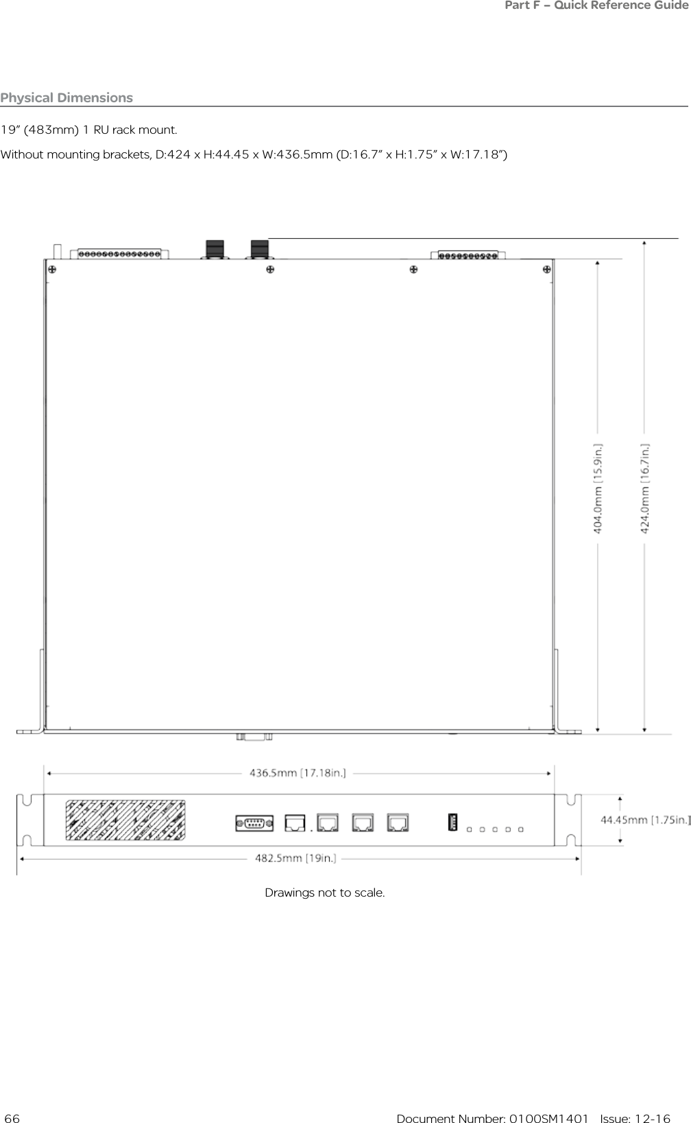  66  Document Number: 0100SM1401   Issue: 12-16Physical Dimensions19” (483mm) 1 RU rack mount.Without mounting brackets, D:424 x H:44.45 x W:436.5mm (D:16.7” x H:1.75” x W:17.18”)Drawings not to scale.Part F – Quick Reference Guide