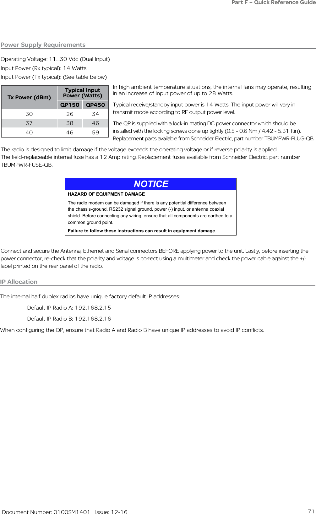 71   Document Number: 0100SM1401   Issue: 12-16Power Supply RequirementsOperating Voltage: 11...30 Vdc (Dual Input)Input Power (Rx typical): 14 Watts Input Power (Tx typical): (See table below)In high ambient temperature situations, the internal fans may operate, resulting in an increase of input power of up to 28 Watts.Typical receive/standby input power is 14 Watts. The input power will vary in transmit mode according to RF output power level.The QP is supplied with a lock-in mating DC power connector which should be installed with the locking screws done up tightly (0.5 - 0.6 Nm / 4.42 - 5.31 ftin). Replacement parts available from Schneider Electric, part number TBUMPWR-PLUG-QB.The radio is designed to limit damage if the voltage exceeds the operating voltage or if reverse polarity is applied.  The field-replaceable internal fuse has a 12 Amp rating. Replacement fuses available from Schneider Electric, part number      TBUMPWR-FUSE-QB.Connect and secure the Antenna, Ethernet and Serial connectors BEFORE applying power to the unit. Lastly, before inserting the power connector, re-check that the polarity and voltage is correct using a multimeter and check the power cable against the +/- label printed on the rear panel of the radio.NOTICEHAZARD OF EQUIPMENT DAMAGEThe radio modem can be damaged if there is any potential difference between the chassis-ground, RS232 signal ground, power (-) input, or antenna coaxial shield. Before connecting any wiring, ensure that all components are earthed to a common ground point.Failure to follow these instructions can result in equipment damage.Part F – Quick Reference GuideIP AllocationThe internal half duplex radios have unique factory default IP addresses:  - Default IP Radio A: 192.168.2.15  - Default IP Radio B: 192.168.2.16When configuring the QP, ensure that Radio A and Radio B have unique IP addresses to avoid IP conflicts.Tx Power (dBm)Typical Input Power (Watts)QP150 QP45030 26 3437 38 4640 46 59