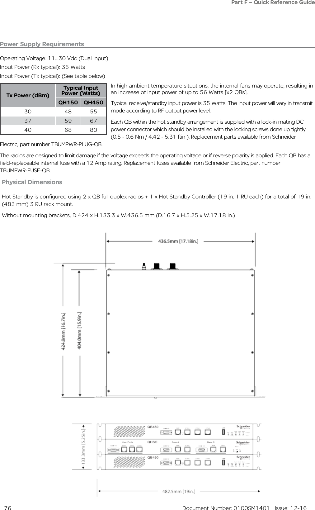  76  Document Number: 0100SM1401   Issue: 12-16Physical DimensionsHot Standby is configured using 2 x QB full duplex radios + 1 x Hot Standby Controller (19 in. 1 RU each) for a total of 19 in. (483 mm) 3 RU rack mount.Without mounting brackets, D:424 x H:133.3 x W:436.5 mm (D:16.7 x H:5.25 x W:17.18 in.)Part F – Quick Reference GuidePower Supply RequirementsOperating Voltage: 11...30 Vdc (Dual Input)Input Power (Rx typical): 35 Watts Input Power (Tx typical): (See table below)In high ambient temperature situations, the internal fans may operate, resulting in an increase of input power of up to 56 Watts [x2 QBs].Typical receive/standby input power is 35 Watts. The input power will vary in transmit mode according to RF output power level.Each QB within the hot standby arrangement is supplied with a lock-in mating DC power connector which should be installed with the locking screws done up tightly  (0.5 - 0.6 Nm / 4.42 - 5.31 ftin ). Replacement parts available from Schneider Electric, part number TBUMPWR-PLUG-QB.The radios are designed to limit damage if the voltage exceeds the operating voltage or if reverse polarity is applied. Each QB has a field-replaceable internal fuse with a 12 Amp rating. Replacement fuses available from Schneider Electric, part number  TBUMPWR-FUSE-QB.Tx Power (dBm)Typical Input Power (Watts)QH150 QH45030 48 5537 59 6740 68 80