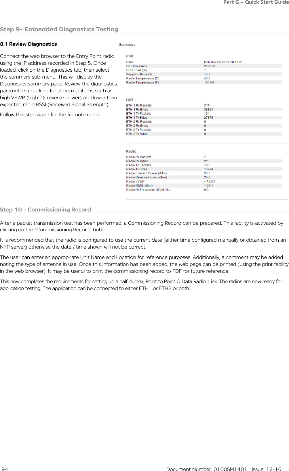  94  Document Number: 0100SM1401   Issue: 12-16Step 9- Embedded Diagnostics Testing8.1 Review DiagnosticsConnect the web browser to the Entry Point radio using the IP address recorded in Step 5. Once loaded, click on the Diagnostics tab, then select the summary sub-menu. This will display the Diagnostics summary page. Review the diagnostics parameters checking for abnormal items such as high VSWR (high TX reverse power) and lower than expected radio RSSI (Received Signal Strength). Follow this step again for the Remote radio.Step 10 - Commissioning RecordAfter a packet transmission test has been performed, a Commissioning Record can be prepared. This facility is activated by clicking on the “Commissioning Record” button.It is recommended that the radio is configured to use the current date (either time configured manually or obtained from an NTP server) otherwise the date / time shown will not be correct. The user can enter an appropriate Unit Name and Location for reference purposes. Additionally, a comment may be added noting the type of antenna in use. Once this information has been added, the web page can be printed (using the print facility in the web browser). It may be useful to print the commissioning record to PDF for future reference. This now completes the requirements for setting up a half duplex, Point to Point Q Data Radio  Link. The radios are now ready for application testing. The application can be connected to either ETH1 or ETH2 or both. Part G – Quick Start Guide