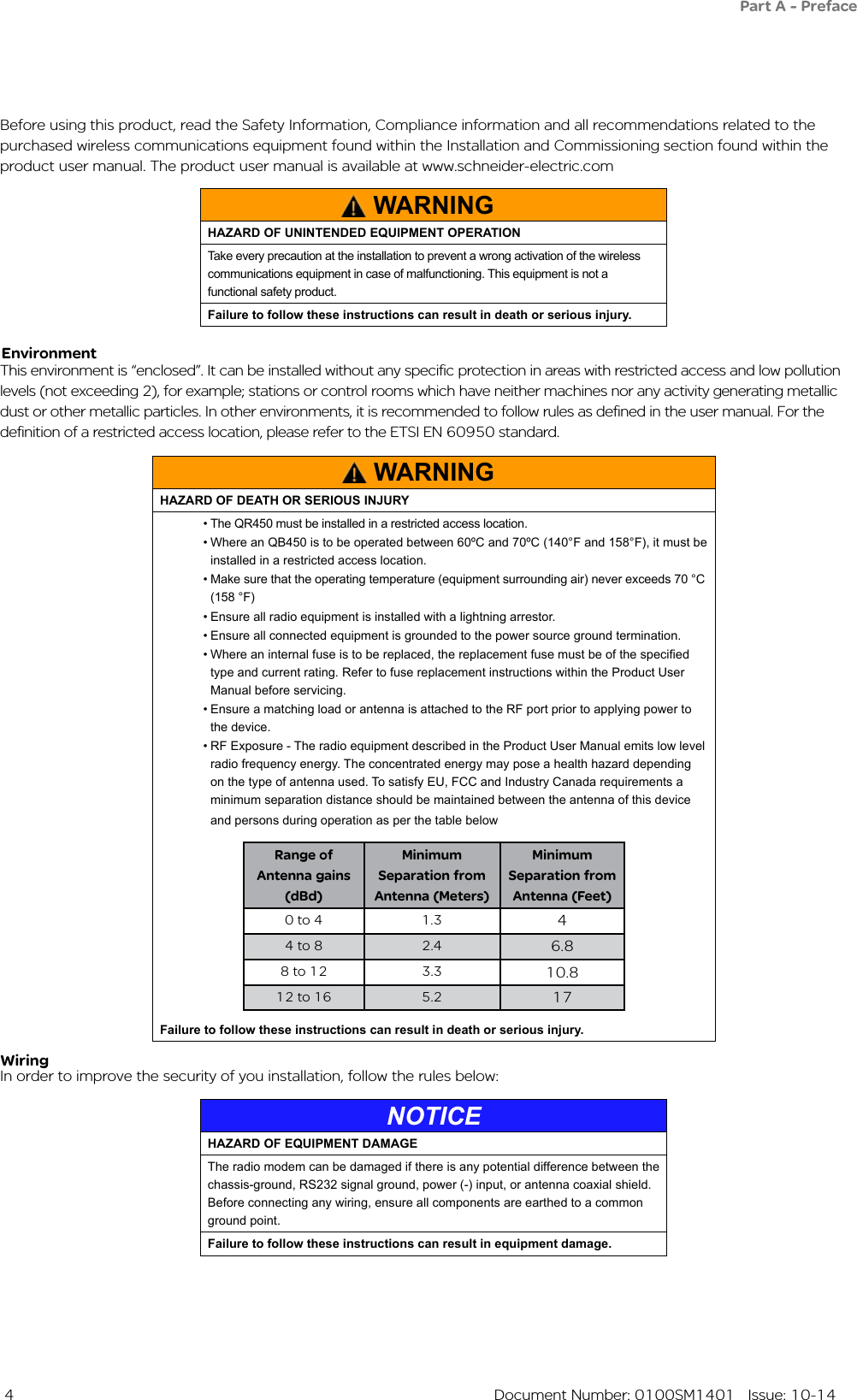  4  Document Number: 0100SM1401   Issue: 10-14Before using this product, read the Safety Information, Compliance information and all recommendations related to the purchased wireless communications equipment found within the Installation and Commissioning section found within the product user manual. The product user manual is available at www.schneider-electric.comThis environment is “enclosed”. It can be installed without any specific protection in areas with restricted access and low pollution levels (not exceeding 2), for example; stations or control rooms which have neither machines nor any activity generating metallic dust or other metallic particles. In other environments, it is recommended to follow rules as defined in the user manual. For the definition of a restricted access location, please refer to the ETSI EN 60950 standard.EnvironmentWARNINGHAZARD OF DEATH OR SERIOUS INJURY•The QR450 must be installed in a restricted access location.  •Where an QB450 is to be operated between 60ºC and 70ºC (140°F and 158°F), it must be installed in a restricted access location.•Make sure that the operating temperature (equipment surrounding air) never exceeds 70 °C (158 °F)•Ensure all radio equipment is installed with a lightning arrestor.•Ensure all connected equipment is grounded to the power source ground termination.•Whereaninternalfuseistobereplaced,thereplacementfusemustbeofthespeciedtype and current rating. Refer to fuse replacement instructions within the Product User Manual before servicing.•Ensure a matching load or antenna is attached to the RF port prior to applying power to the device.•RF Exposure - The radio equipment described in the Product User Manual emits low level radio frequency energy. The concentrated energy may pose a health hazard depending on the type of antenna used. To satisfy EU, FCC and Industry Canada requirements a minimum separation distance should be maintained between the antenna of this device and persons during operation as per the table below Range of Antenna gains (dBd)Minimum Separation from Antenna (Meters)Minimum Separation from Antenna (Feet)0 to 4 1.3 44 to 8 2.4 6.88 to 12 3.3 10.812 to 16 5.2 17Failure to follow these instructions can result in death or serious injury.In order to improve the security of you installation, follow the rules below:WiringPart A - PrefaceWARNINGHAZARD OF UNINTENDED EQUIPMENT OPERATIONTake every precaution at the installation to prevent a wrong activation of the wireless communications equipment in case of malfunctioning. This equipment is not a functional safety product.Failure to follow these instructions can result in death or serious injury.NOTICEHAZARD OF EQUIPMENT DAMAGEThe radio modem can be damaged if there is any potential difference between the chassis-ground, RS232 signal ground, power (-) input, or antenna coaxial shield. Before connecting any wiring, ensure all components are earthed to a common ground point.Failure to follow these instructions can result in equipment damage.