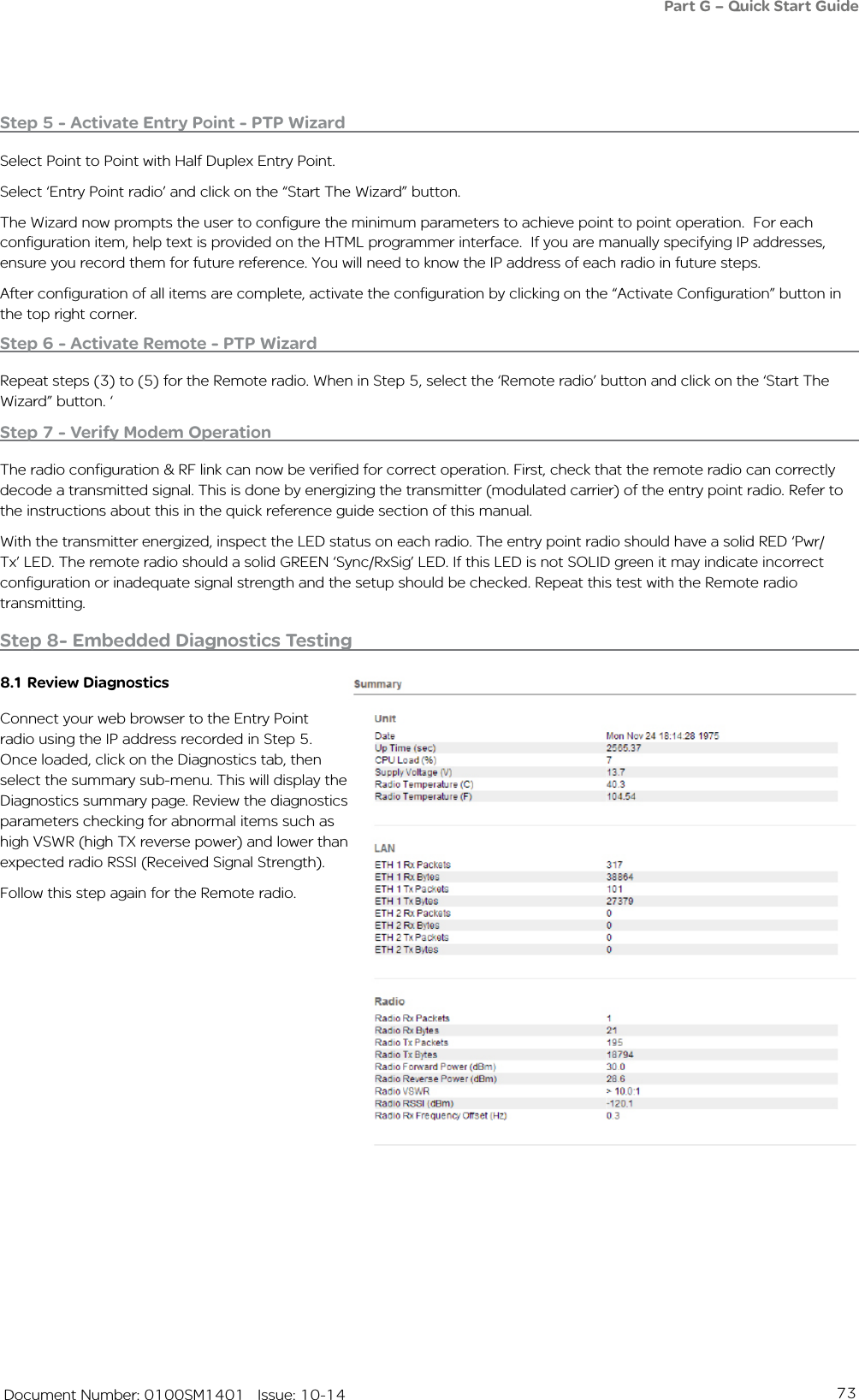 73   Document Number: 0100SM1401   Issue: 10-14Step 5 - Activate Entry Point - PTP WizardSelect Point to Point with Half Duplex Entry Point.Select ‘Entry Point radio’ and click on the “Start The Wizard” button. The Wizard now prompts the user to configure the minimum parameters to achieve point to point operation.  For each configuration item, help text is provided on the HTML programmer interface.  If you are manually specifying IP addresses, ensure you record them for future reference. You will need to know the IP address of each radio in future steps. After configuration of all items are complete, activate the configuration by clicking on the “Activate Configuration” button in the top right corner.Step 6 - Activate Remote - PTP WizardRepeat steps (3) to (5) for the Remote radio. When in Step 5, select the ‘Remote radio’ button and click on the ‘Start The Wizard” button. ‘Step 7 - Verify Modem OperationThe radio configuration &amp; RF link can now be verified for correct operation. First, check that the remote radio can correctly decode a transmitted signal. This is done by energizing the transmitter (modulated carrier) of the entry point radio. Refer to the instructions about this in the quick reference guide section of this manual.With the transmitter energized, inspect the LED status on each radio. The entry point radio should have a solid RED ‘Pwr/Tx’ LED. The remote radio should a solid GREEN ‘Sync/RxSig’ LED. If this LED is not SOLID green it may indicate incorrect configuration or inadequate signal strength and the setup should be checked. Repeat this test with the Remote radio transmitting.Step 8- Embedded Diagnostics Testing8.1 Review DiagnosticsConnect your web browser to the Entry Point radio using the IP address recorded in Step 5. Once loaded, click on the Diagnostics tab, then select the summary sub-menu. This will display the Diagnostics summary page. Review the diagnostics parameters checking for abnormal items such as high VSWR (high TX reverse power) and lower than expected radio RSSI (Received Signal Strength). Follow this step again for the Remote radio.Part G – Quick Start Guide