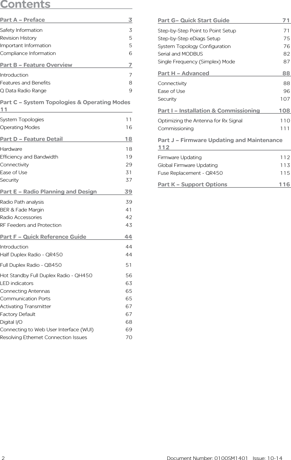  2  Document Number: 0100SM1401   Issue: 10-14Part G– Quick Start Guide  71Step-by-Step Point to Point Setup  71Step-by-Step eDiags Setup  75System Topology Configuration  76Serial and MODBUS  82Single Frequency (Simplex) Mode  87Part H – Advanced  88Connectivity 88Ease of Use  96Security 107Part I – Installation &amp; Commissioning   108Optimizing the Antenna for Rx Signal  110Commissioning   111Part J – Firmware Updating and Maintenance 112Firmware Updating  112Global Firmware Updating  113Fuse Replacement - QR450  115Part K – Support Options  116ContentsPart A – Preface  3Safety Information  3Revision History  5Important Information  5Compliance Information  6Part B – Feature Overview  7Introduction 7Features and Benefits  8Q Data Radio Range  9Part C – System Topologies &amp; Operating Modes 11System Topologies  11Operating Modes  16Part D – Feature Detail  18Hardware 18Efficiency and Bandwidth  19Connectivity 29Ease of Use  31Security 37Part E – Radio Planning and Design  39Radio Path analysis  39BER &amp; Fade Margin  41Radio Accessories  42RF Feeders and Protection  43Part F – Quick Reference Guide   44Introduction 44Half Duplex Radio - QR450  44Full Duplex Radio - QB450 51Hot Standby Full Duplex Radio - QH450 56LED indicators  63Connecting Antennas  65Communication Ports  65Activating Transmitter  67Factory Default  67Digital I/O  68Connecting to Web User Interface (WUI)  69Resolving Ethernet Connection Issues  70