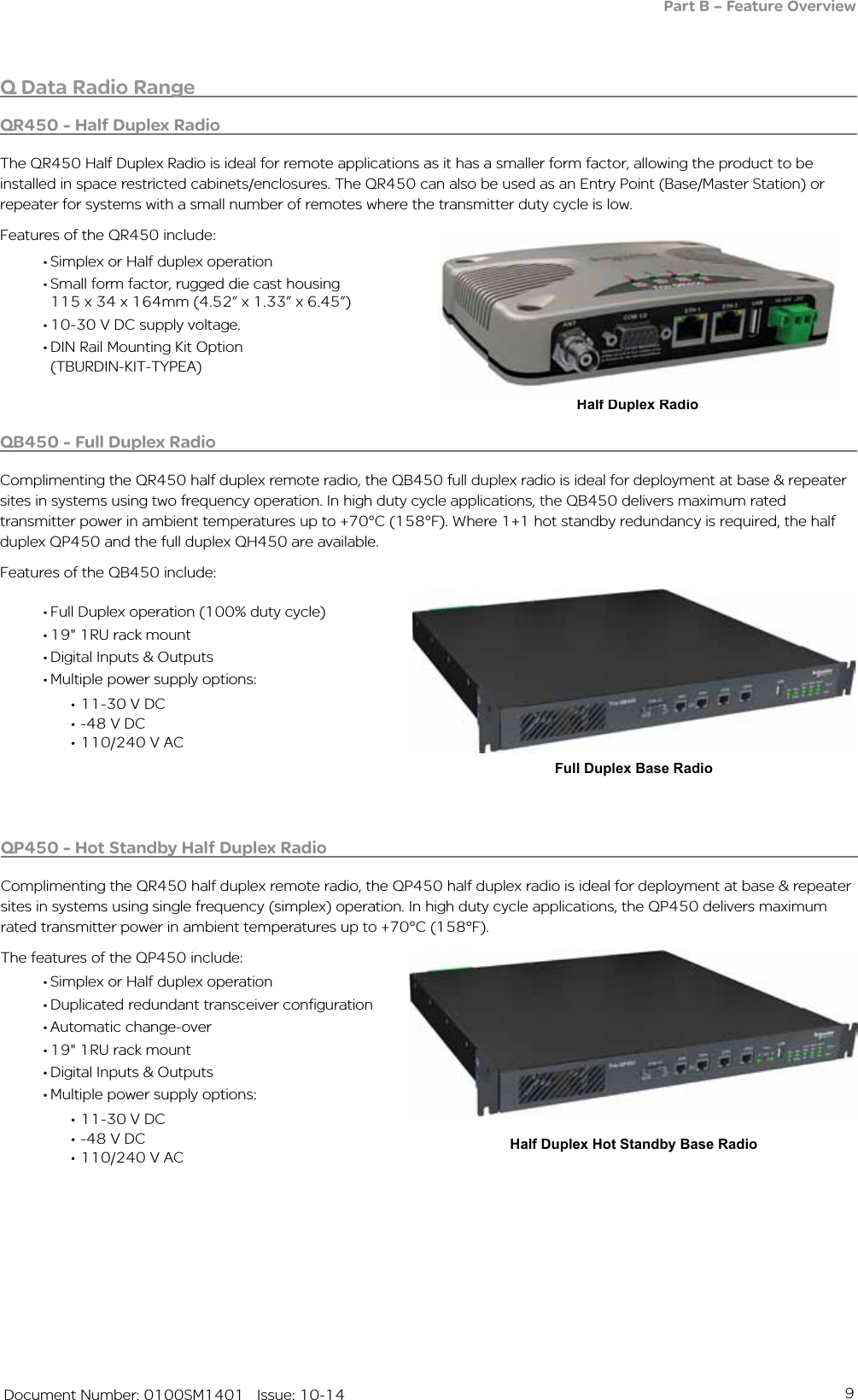 9   Document Number: 0100SM1401   Issue: 10-14•Simplex or Half duplex operation•Small form factor, rugged die cast housing      115 x 34 x 164mm (4.52” x 1.33” x 6.45”)•10-30 V DC supply voltage.•DIN Rail Mounting Kit Option                  (TBURDIN-KIT-TYPEA)Half Duplex RadioFull Duplex Base RadioHalf Duplex Hot Standby Base RadioQ Data Radio RangePart B – Feature Overview•Simplex or Half duplex operation•Duplicated redundant transceiver configuration•Automatic change-over •19&quot; 1RU rack mount•Digital Inputs &amp; Outputs•Multiple power supply options:•11-30 V DC•-48 V DC•110/240 V AC •Full Duplex operation (100% duty cycle)•19&quot; 1RU rack mount•Digital Inputs &amp; Outputs•Multiple power supply options:•11-30 V DC•-48 V DC•110/240 V ACQR450 - Half Duplex RadioThe QR450 Half Duplex Radio is ideal for remote applications as it has a smaller form factor, allowing the product to be installed in space restricted cabinets/enclosures. The QR450 can also be used as an Entry Point (Base/Master Station) or repeater for systems with a small number of remotes where the transmitter duty cycle is low.Features of the QR450 include:QP450 - Hot Standby Half Duplex RadioComplimenting the QR450 half duplex remote radio, the QP450 half duplex radio is ideal for deployment at base &amp; repeater sites in systems using single frequency (simplex) operation. In high duty cycle applications, the QP450 delivers maximum rated transmitter power in ambient temperatures up to +70°C (158°F).The features of the QP450 include:QB450 - Full Duplex RadioComplimenting the QR450 half duplex remote radio, the QB450 full duplex radio is ideal for deployment at base &amp; repeater sites in systems using two frequency operation. In high duty cycle applications, the QB450 delivers maximum rated transmitter power in ambient temperatures up to +70°C (158°F). Where 1+1 hot standby redundancy is required, the half duplex QP450 and the full duplex QH450 are available.Features of the QB450 include: