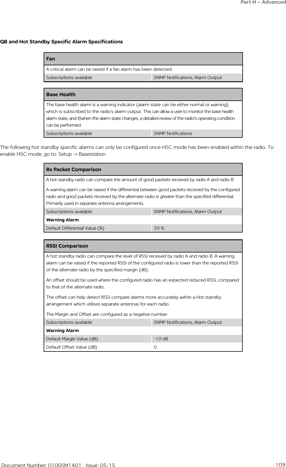 109   Document Number: 0100SM1401   Issue: 05-15QB and Hot Standby Specific Alarm SpecificationsFanA critical alarm can be raised if a fan alarm has been detected.Subscriptions available SNMP Notifications, Alarm OutputRx Packet ComparisonA hot standby radio can compare the amount of good packets received by radio A and radio B. A warning alarm can be raised if the differential between good packets received by the configured radio and good packets received by the alternate radio is greater than the specified differential. Primarily used in separate antenna arrangements.Subscriptions available SNMP Notifications, Alarm OutputWarning AlarmDefault Differential Value (%) 20 %RSSI ComparisonA hot standby radio can compare the level of RSSI received by radio A and radio B. A warning alarm can be raised if the reported RSSI of the configured radio is lower than the reported RSSI of the alternate radio by the specified margin (dB). An offset should be used where the configured radio has an expected reduced RSSI, compared to that of the alternate radio.The offset can help detect RSSI compare alarms more accurately within a Hot standby arrangement which utilises separate antennas for each radio.The Margin and Offset are configured as a negative numberSubscriptions available SNMP Notifications, Alarm OutputWarning AlarmDefault Margin Value (dB) -10 dBDefault Offset Value (dB) 0The following hot standby specific alarms can only be configured once HSC mode has been enabled within the radio. To enable HSC mode, go to: Setup -&gt; Basestation Part H – AdvancedBase HealthThe base health alarm is a warning indicator (alarm state can be either normal or warning), which is subscribed to the radio’s alarm output. This can allow a user to monitor the base health alarm state, and if/when the alarm state changes, a detailed review of the radio’s operating condition can be performed.Subscriptions available SNMP Notifications