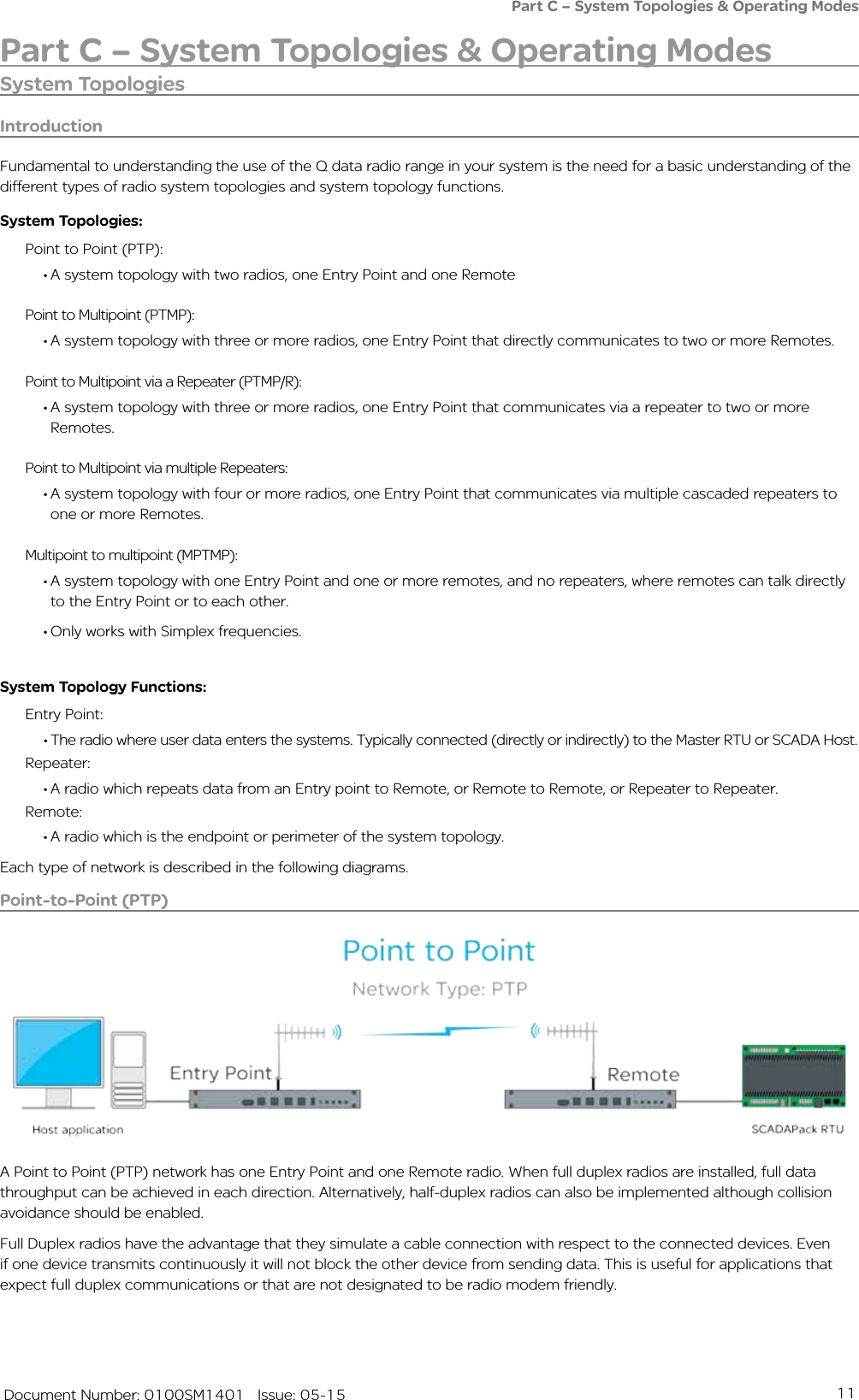 11   Document Number: 0100SM1401   Issue: 05-15Part C – System Topologies &amp; Operating ModesPart C – System Topologies &amp; Operating ModesSystem TopologiesIntroduction Fundamental to understanding the use of the Q data radio range in your system is the need for a basic understanding of the different types of radio system topologies and system topology functions.System Topologies:Point to Point (PTP): • A system topology with two radios, one Entry Point and one RemotePoint to Multipoint (PTMP):• A system topology with three or more radios, one Entry Point that directly communicates to two or more Remotes.Point to Multipoint via a Repeater (PTMP/R): • A system topology with three or more radios, one Entry Point that communicates via a repeater to two or more Remotes.Point to Multipoint via multiple Repeaters:• A system topology with four or more radios, one Entry Point that communicates via multiple cascaded repeaters to one or more Remotes.Multipoint to multipoint (MPTMP):• A system topology with one Entry Point and one or more remotes, and no repeaters, where remotes can talk directly to the Entry Point or to each other. • Only works with Simplex frequencies.System Topology Functions:Entry Point:• The radio where user data enters the systems. Typically connected (directly or indirectly) to the Master RTU or SCADA Host.Repeater:• A radio which repeats data from an Entry point to Remote, or Remote to Remote, or Repeater to Repeater. Remote:• A radio which is the endpoint or perimeter of the system topology. Each type of network is described in the following diagrams. Point-to-Point (PTP)A Point to Point (PTP) network has one Entry Point and one Remote radio. When full duplex radios are installed, full data throughput can be achieved in each direction. Alternatively, half-duplex radios can also be implemented although collision avoidance should be enabled.Full Duplex radios have the advantage that they simulate a cable connection with respect to the connected devices. Even if one device transmits continuously it will not block the other device from sending data. This is useful for applications that expect full duplex communications or that are not designated to be radio modem friendly.