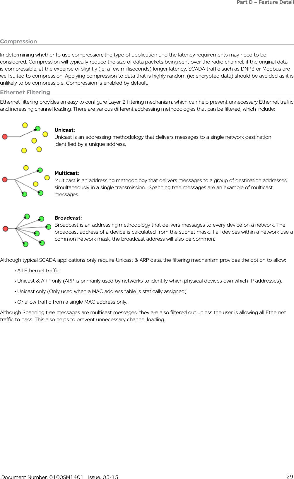 29   Document Number: 0100SM1401   Issue: 05-15CompressionIn determining whether to use compression, the type of application and the latency requirements may need to be considered. Compression will typically reduce the size of data packets being sent over the radio channel, if the original data is compressible, at the expense of slightly (ie: a few milliseconds) longer latency. SCADA traffic such as DNP3 or Modbus are well suited to compression. Applying compression to data that is highly random (ie: encrypted data) should be avoided as it is unlikely to be compressible. Compression is enabled by default.Ethernet FilteringEthernet filtering provides an easy to configure Layer 2 filtering mechanism, which can help prevent unnecessary Ethernet traffic and increasing channel loading. There are various different addressing methodologies that can be filtered, which include:Unicast:Unicast is an addressing methodology that delivers messages to a single network destination identified by a unique address.Multicast:Multicast is an addressing methodology that delivers messages to a group of destination addresses simultaneously in a single transmission.  Spanning tree messages are an example of multicast messages.Broadcast:Broadcast is an addressing methodology that delivers messages to every device on a network. The broadcast address of a device is calculated from the subnet mask. If all devices within a network use a common network mask, the broadcast address will also be common. Although typical SCADA applications only require Unicast &amp; ARP data, the filtering mechanism provides the option to allow:• All Ethernet traffic • Unicast &amp; ARP only (ARP is primarily used by networks to identify which physical devices own which IP addresses).  • Unicast only (Only used when a MAC address table is statically assigned).• Or allow traffic from a single MAC address only.Although Spanning tree messages are multicast messages, they are also filtered out unless the user is allowing all Ethernet traffic to pass. This also helps to prevent unnecessary channel loading.Part D – Feature Detail