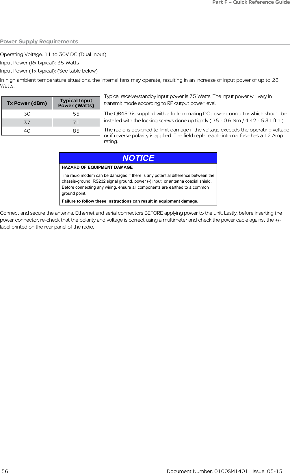  56  Document Number: 0100SM1401   Issue: 05-15Power Supply RequirementsOperating Voltage: 11 to 30V DC (Dual Input)Input Power (Rx typical): 35 Watts Input Power (Tx typical): (See table below)In high ambient temperature situations, the internal fans may operate, resulting in an increase of input power of up to 28 Watts.Typical receive/standby input power is 35 Watts. The input power will vary in transmit mode according to RF output power level.The QB450 is supplied with a lock-in mating DC power connector which should be installed with the locking screws done up tightly (0.5 - 0.6 Nm / 4.42 - 5.31 ftin ). The radio is designed to limit damage if the voltage exceeds the operating voltage or if reverse polarity is applied. The field replaceable internal fuse has a 12 Amp rating. Connect and secure the antenna, Ethernet and serial connectors BEFORE applying power to the unit. Lastly, before inserting the power connector, re-check that the polarity and voltage is correct using a multimeter and check the power cable against the +/- label printed on the rear panel of the radio.Tx Power (dBm) Typical Input Power (Watts)30 5537 7140 85Part F – Quick Reference GuideNOTICEHAZARD OF EQUIPMENT DAMAGEThe radio modem can be damaged if there is any potential difference between the chassis-ground, RS232 signal ground, power (-) input, or antenna coaxial shield. Before connecting any wiring, ensure all components are earthed to a common ground point.Failure to follow these instructions can result in equipment damage.