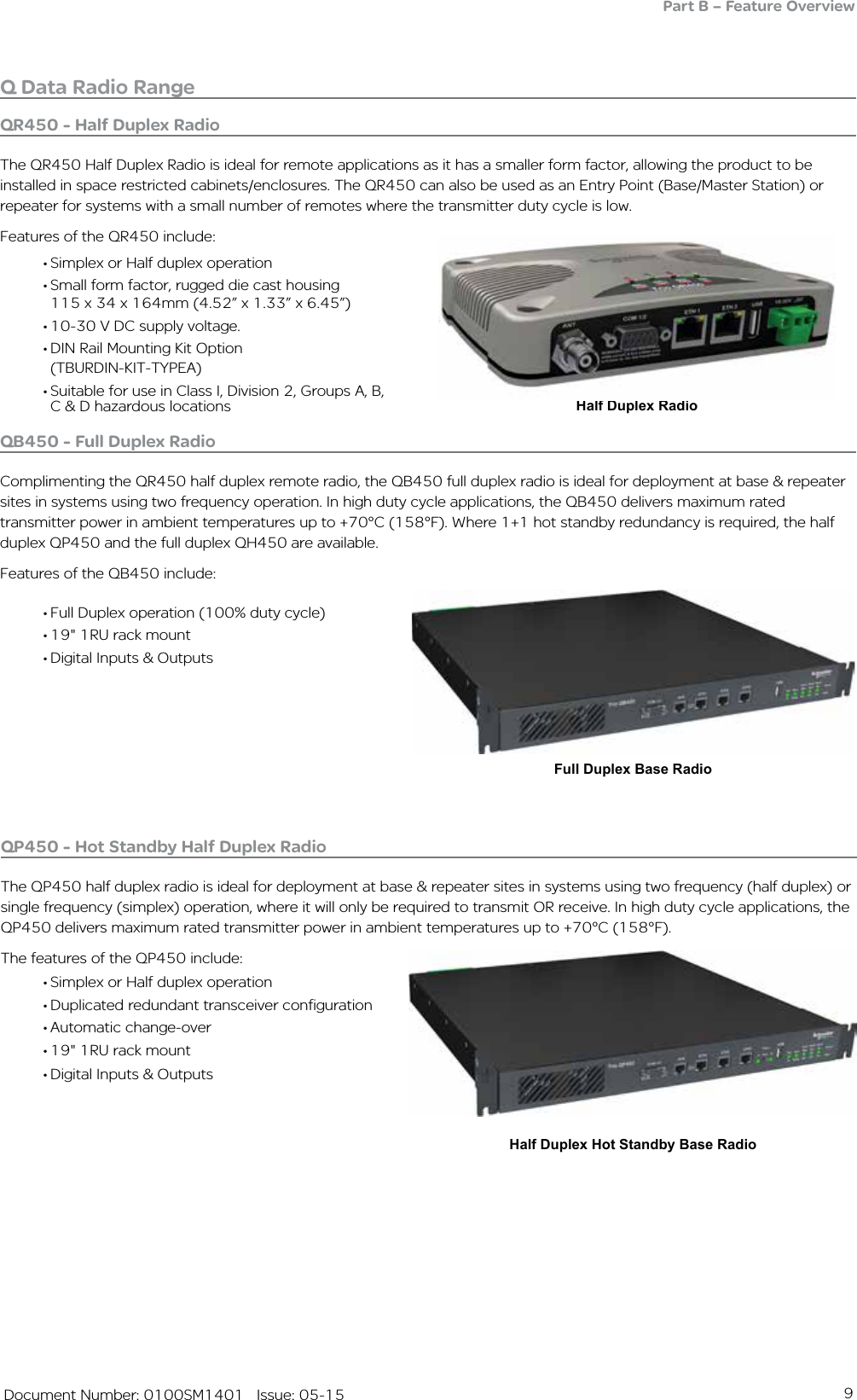 9   Document Number: 0100SM1401   Issue: 05-15• Simplex or Half duplex operation• Small form factor, rugged die cast housing      115 x 34 x 164mm (4.52” x 1.33” x 6.45”)• 10-30 V DC supply voltage.• DIN Rail Mounting Kit Option                  (TBURDIN-KIT-TYPEA)• Suitable for use in Class I, Division 2, Groups A, B, C &amp; D hazardous locations Half Duplex RadioFull Duplex Base RadioHalf Duplex Hot Standby Base RadioQ Data Radio RangePart B – Feature Overview• Simplex or Half duplex operation• Duplicated redundant transceiver configuration• Automatic change-over • 19&quot; 1RU rack mount• Digital Inputs &amp; Outputs• Full Duplex operation (100% duty cycle)• 19&quot; 1RU rack mount• Digital Inputs &amp; OutputsQR450 - Half Duplex RadioThe QR450 Half Duplex Radio is ideal for remote applications as it has a smaller form factor, allowing the product to be installed in space restricted cabinets/enclosures. The QR450 can also be used as an Entry Point (Base/Master Station) or repeater for systems with a small number of remotes where the transmitter duty cycle is low.Features of the QR450 include:QP450 - Hot Standby Half Duplex RadioThe QP450 half duplex radio is ideal for deployment at base &amp; repeater sites in systems using two frequency (half duplex) or single frequency (simplex) operation, where it will only be required to transmit OR receive. In high duty cycle applications, the QP450 delivers maximum rated transmitter power in ambient temperatures up to +70°C (158°F).The features of the QP450 include:QB450 - Full Duplex RadioComplimenting the QR450 half duplex remote radio, the QB450 full duplex radio is ideal for deployment at base &amp; repeater sites in systems using two frequency operation. In high duty cycle applications, the QB450 delivers maximum rated transmitter power in ambient temperatures up to +70°C (158°F). Where 1+1 hot standby redundancy is required, the half duplex QP450 and the full duplex QH450 are available.Features of the QB450 include: