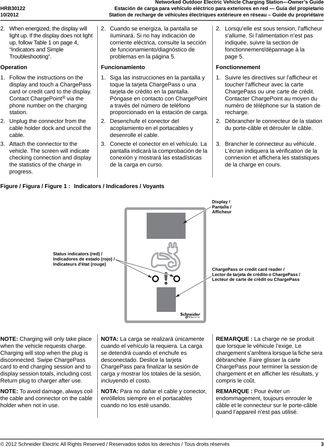 Networked Outdoor Electric Vehicle Charging Station—Owner’s GuideHRB30122  Estación de carga para vehículo eléctrico para exteriores en red — Guía del propietario10/2012 Station de recharge de véhicules électriques extérieure en réseau – Guide du propriétaire© 2012 Schneider Electric All Rights Reserved / Reservados todos los derechos / Tous droits réservés 32. When energized, the display will light up. If the display does not light up, follow Table 1 on page 4, “Indicators and Simple Troubleshooting”.2. Cuando se energiza, la pantalla se iIuminará. Si no hay indicación de corriente eléctrica, consulte la sección de funcionamiento/diagnóstico de problemas en la página 5. 2. Lorsqu&apos;elle est sous tension, l&apos;afficheur s&apos;allume. Si l’alimentation n’est pas indiquée, suivre la section de fonctionnement/dépannage à la page 5.Operation Funcionamiento Fonctionnement1. Follow the instructions on the display and touch a ChargePass card or credit card to the display. Contact ChargePoint® via the phone number on the charging station.1. Siga las instrucciones en la pantalla y toque la tarjeta ChargePass o una tarjeta de crédito en la pantalla. Póngase en contacto con ChargePoint a través del número de teléfono proporcionado en la estación de carga.1. Suivre les directives sur l&apos;afficheur et toucher l&apos;afficheur avec la carte ChargePass ou une carte de crédit. Contacter ChargePoint au moyen du numéro de téléphone sur la station de recharge.2. Unplug the connector from the cable holder dock and uncoil the cable.2. Desenchufe el conector del acoplamiento en el portacables y desenrolle el cable.2. Débrancher le connecteur de la station du porte-câble et dérouler le câble.3. Attach the connector to the vehicle. The screen will indicate checking connection and display the statistics of the charge in progress.3. Conecte el conector en el vehículo. La pantalla indicará la comprobación de la conexión y mostrará las estadísticas de la carga en curso.3. Brancher le connecteur au véhicule. L&apos;écran indiquera la vérification de la connexion et affichera les statistiques de la charge en cours.Figure / Figura / Figure 1 : Indicators / Indicadores / VoyantsNOTE: Charging will only take place when the vehicle requests charge. Charging will stop when the plug is disconnected. Swipe ChargePass card to end charging session and to display session totals, including cost. Return plug to charger after use.NOTA: La carga se realizará únicamente cuando el vehículo la requiera. La carga se detendrá cuando el enchufe es desconectado. Deslice la tarjeta ChargePass para finalizar la sesión de carga y mostrar los totales de la sesión, incluyendo el costo.REMARQUE : La charge ne se produit que lorsque le véhicule l’exige. Le chargement s&apos;arrêtera lorsque la fiche sera débranchée. Faire glisser la carte ChargePass pour terminer la session de chargement et en afficher les résultats, y compris le coût.NOTE: To avoid damage, always coil the cable and connector on the cable holder when not in use.NOTA: Para no dañar el cable y conector, enróllelos siempre en el portacables cuando no los esté usando.REMARQUE : Pour éviter un endommagement, toujours enrouler le câble et le connecteur sur le porte-câble quand l’appareil n’est pas utilisé.Status indicators (red) / Indicadores de estado (rojo) / Indicateurs d&apos;état (rouge) ChargePass or credit card reader / Lector de tarjeta de crédito o ChargePass / Lecteur de carte de crédit ou ChargePassDisplay / Pantalla / Afficheur