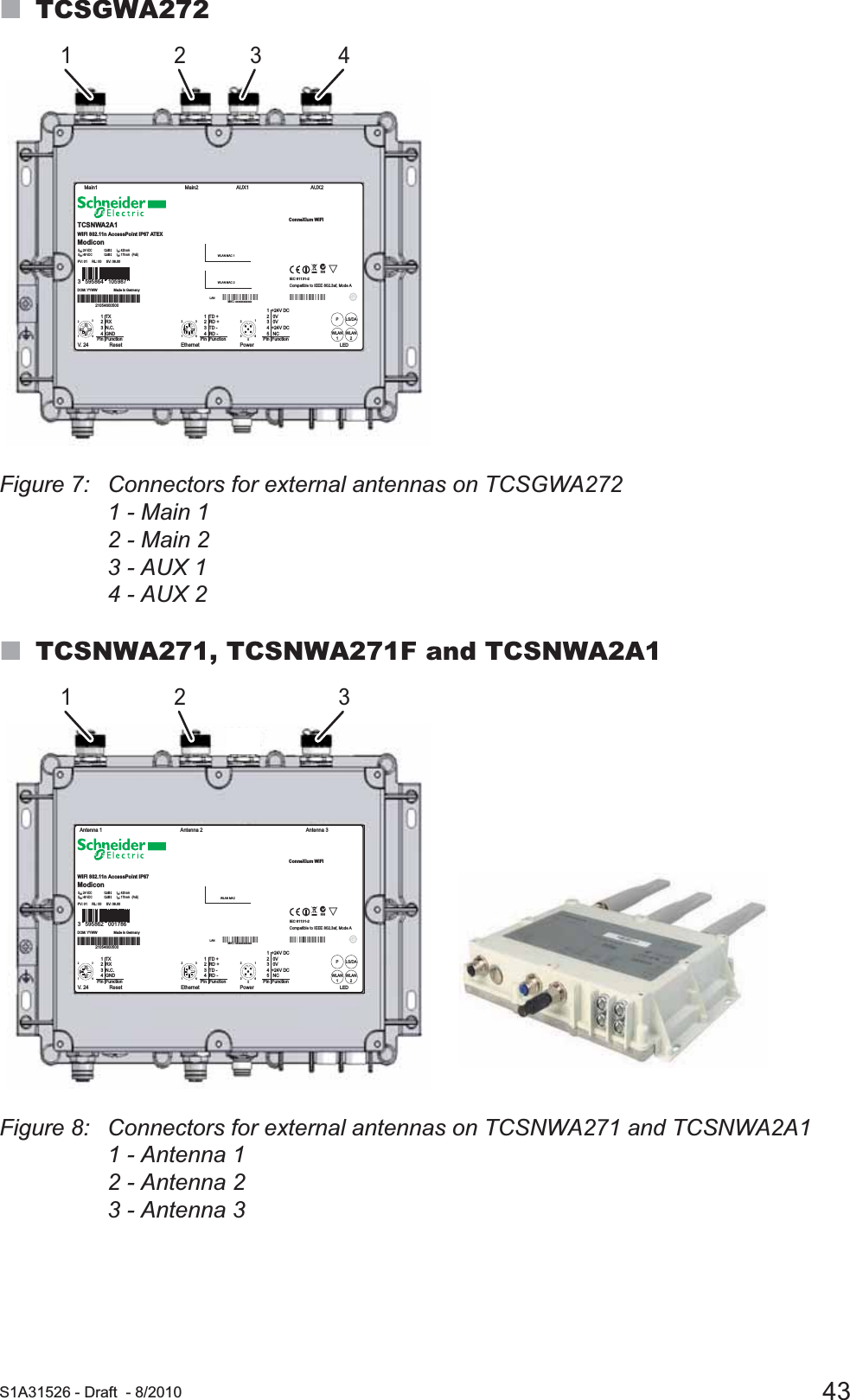  S1A31526 - Draft - 8/2010 43TCSGWA272Figure 7: Connectors for external antennas on TCSGWA2721 - Main 12 - Main 23 - AUX 14 - AUX 2TCSNWA271, TCSNWA271F and TCSNWA2A1Figure 8: Connectors for external antennas on TCSNWA271 and TCSNWA2A11 - Antenna 12 - Antenna 23 - Antenna 31 2 3 4   1  +24V DC   2   0V   3   0V   4  +24V DC   5   NCPin  Function432154123   1  TD +   2  RD +   3  TD -   4  RD -Pin  Function4123   1  TX   2  RX   3  N.C.   4  GNDPin  FunctionEthernet PowerLEDWLAN1WLAN2PLS/DAResetV. 24AUX1 AUX2Main2Main1IEC 61131-2AcN998Compatible to IEEE 802.3af, Mode AMAC: xxxxxxxxxxxx LAN WLAN MAC 2WLAN MAC 1170 mA   (PoE):IinCLASS 2:  Uin48 VDC420 mA:IinCLASS 224 VDC: UinWiFi 802.11n AccessPoint IP67 ATEXTCSNWA2A1ModiconConneXium WiFiPV: 01     RL: 00     SV: 08.00DOM: YYWW                  Made in Germany21054600500210546005003   595864   105987   1  +24V DC   2   0V   3   0V   4  +24V DC   5   NCPin  Function432154123   1  TD +   2  RD +   3  TD -   4  RD -Pin  Function4123   1  TX   2  RX   3  N.C.   4  GNDPin  FunctionEthernet PowerLEDWLAN1WLAN2PLS/DAResetV. 24Antenna 3Antenna 2Antenna 1IEC 61131-2AcN998Compatible to IEEE 802.3af, Mode AMAC: xxxxxxxxxxxx LAN WLAN MAC170 mA   (PoE):IinCLASS 2:  Uin48 VDC420 mA:IinCLASS 224 VDC: UinWiFi 802.11n AccessPoint IP67ModiconConneXium WiFiPV: 01     RL: 00     SV: 08.00DOM: YYWW                  Made in Germany21054600500210546005003   595862   0017861 2 3