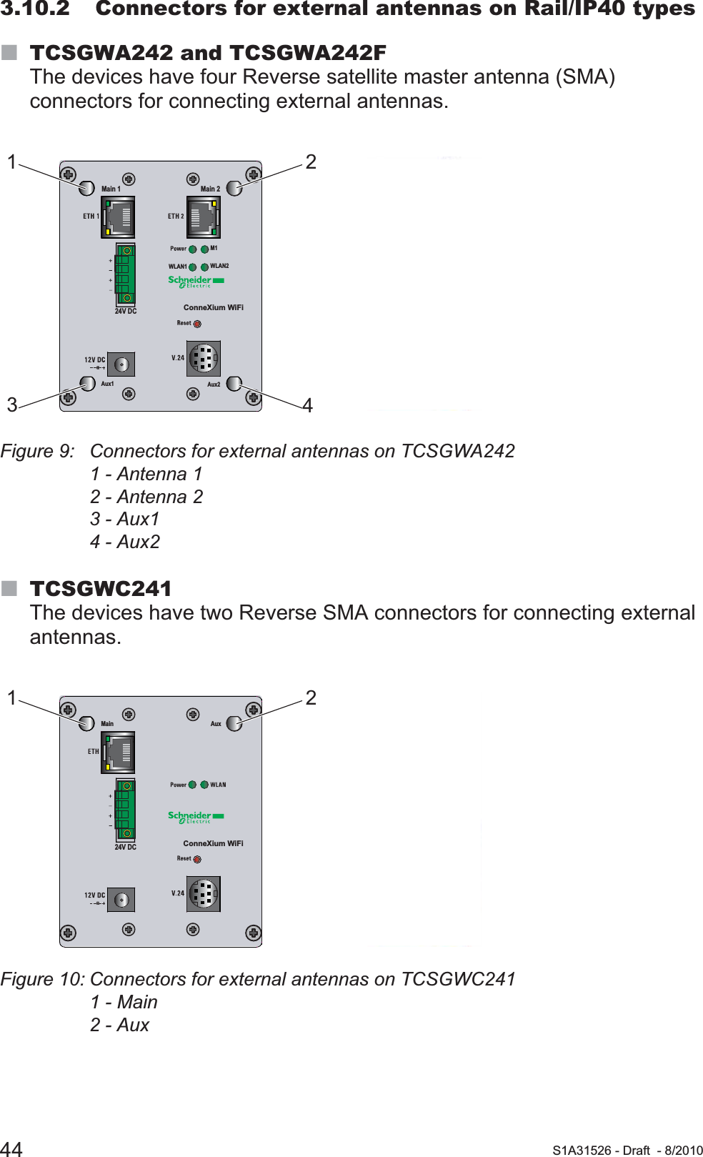 44 S1A31526 - Draft - 8/20103.10.2 Connectors for external antennas on Rail/IP40 typesTCSGWA242 and TCSGWA242FThe devices have four Reverse satellite master antenna (SMA) connectors for connecting external antennas.Figure 9: Connectors for external antennas on TCSGWA2421 - Antenna 12 - Antenna 23 - Aux14 - Aux2TCSGWC241The devices have two Reverse SMA connectors for connecting external antennas.Figure 10: Connectors for external antennas on TCSGWC2411 - Main 2 - AuxConneXium WiFiWLAN2WLAN1M1Aux1 Aux2Main 1 Main 224V DC1342AuxMainConneXium WiFi24V DC12