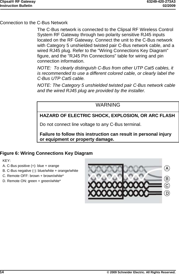 Clipsal® RF Gateway  63249-420-273A3 Instruction Bulletin  02/2009     14  © 2009 Schneider Electric. All Rights Reserved. Connection to the C-Bus Network The C-Bus network is connected to the Clipsal RF Wireless Control System RF Gateway through two polarity sensitive RJ45 inputs located on the RF Gateway. Connect the unit to the C-Bus network with Category 5 unshielded twisted pair C-Bus network cable, and a wired RJ45 plug. Refer to the &quot;Wiring Connections Key Diagram&quot; figure, and the &quot;RJ45 Pin Connections&quot; table for wiring and pin connection information.  NOTE:  To clearly distinguish C-Bus from other UTP Cat5 cables, it is recommended to use a different colored cable, or clearly label the C-Bus UTP Cat5 cable. NOTE: The Category 5 unshielded twisted pair C-Bus network cable and the wired RJ45 plug are provided by the installer.   WARNING HAZARD OF ELECTRIC SHOCK, EXPLOSION, OR ARC FLASH Do not connect line voltage to any C-Bus terminal. Failure to follow this instruction can result in personal injury or equipment or property damage.  Figure 6: Wiring Connections Key Diagram KEY: A. C-Bus positive (+): blue + orange B. C-Bus negative (-): blue/white + orange/white C. Remote OFF: brown + brown/white* D. Remote ON: green + green/white*     