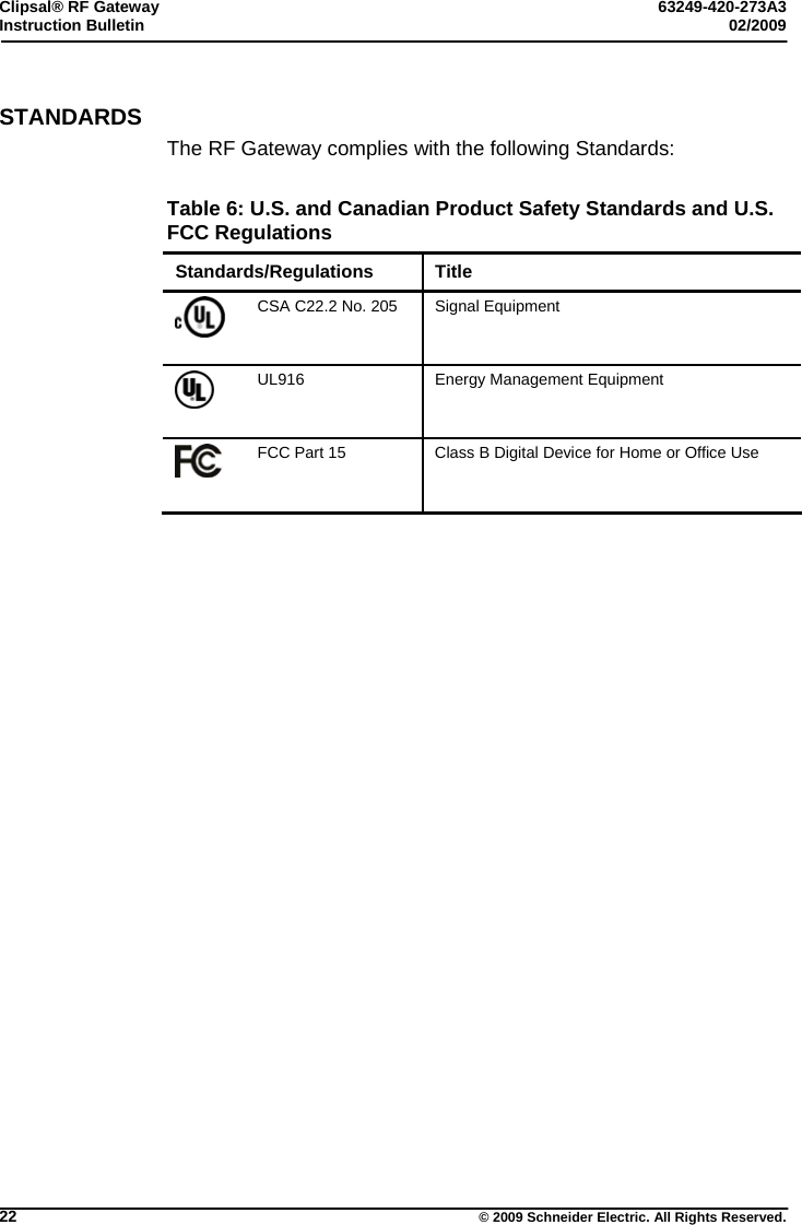 Clipsal® RF Gateway  63249-420-273A3 Instruction Bulletin  02/2009     22  © 2009 Schneider Electric. All Rights Reserved. STANDARDS The RF Gateway complies with the following Standards:  Table 6: U.S. and Canadian Product Safety Standards and U.S. FCC Regulations Standards/Regulations Title  CSA C22.2 No. 205  Signal Equipment  UL916  Energy Management Equipment  FCC Part 15  Class B Digital Device for Home or Office Use    