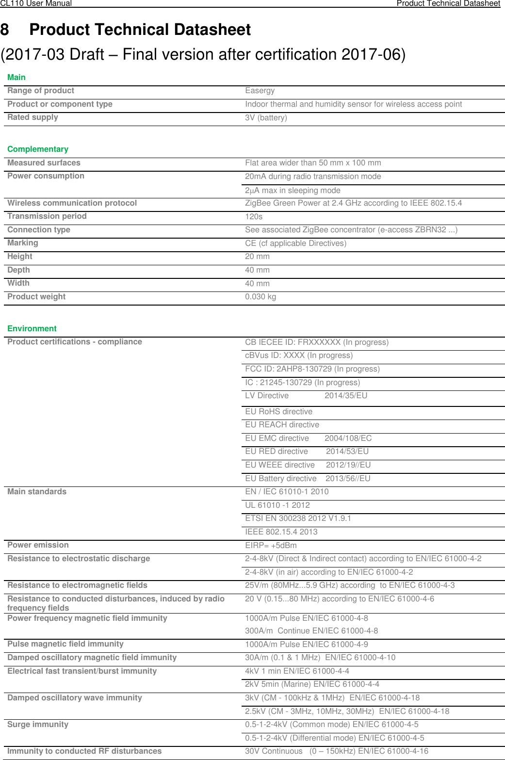 CL110 User Manual    Product Technical Datasheet  8  Product Technical Datasheet  (2017-03 Draft – Final version after certification 2017-06)  Main   Range of product  Easergy  Product or component type  Indoor thermal and humidity sensor for wireless access point Rated supply 3V (battery)    Complementary   Measured surfaces Flat area wider than 50 mm x 100 mm Power consumption 20mA during radio transmission mode  2A max in sleeping mode  Wireless communication protocol ZigBee Green Power at 2.4 GHz according to IEEE 802.15.4 Transmission period  120s Connection type  See associated ZigBee concentrator (e-access ZBRN32 ...) Marking  CE (cf applicable Directives) Height  20 mm  Depth  40 mm  Width  40 mm  Product weight  0.030 kg    Environment   Product certifications - compliance CB IECEE ID: FRXXXXXX (In progress)  cBVus ID: XXXX (In progress)  FCC ID: 2AHP8-130729 (In progress)  IC : 21245-130729 (In progress)  LV Directive                2014/35/EU  EU RoHS directive         EU REACH directive  EU EMC directive       2004/108/EC  EU RED directive        2014/53/EU  EU WEEE directive     2012/19//EU  EU Battery directive    2013/56//EU Main standards  EN / IEC 61010-1 2010  UL 61010 -1 2012  ETSI EN 300238 2012 V1.9.1  IEEE 802.15.4 2013  Power emission EIRP= +5dBm Resistance to electrostatic discharge  2-4-8kV (Direct &amp; Indirect contact) according to EN/IEC 61000-4-2  2-4-8kV (in air) according to EN/IEC 61000-4-2 Resistance to electromagnetic fields  25V/m (80MHz...5.9 GHz) according  to EN/IEC 61000-4-3  Resistance to conducted disturbances, induced by radio frequency fields  20 V (0.15...80 MHz) according to EN/IEC 61000-4-6  Power frequency magnetic field immunity 1000A/m Pulse EN/IEC 61000-4-8  300A/m  Continue EN/IEC 61000-4-8 Pulse magnetic field immunity 1000A/m Pulse EN/IEC 61000-4-9 Damped oscillatory magnetic field immunity 30A/m (0.1 &amp; 1 MHz)  EN/IEC 61000-4-10 Electrical fast transient/burst immunity 4kV 1 min EN/IEC 61000-4-4  2kV 5min (Marine) EN/IEC 61000-4-4 Damped oscillatory wave immunity 3kV (CM - 100kHz &amp; 1MHz)  EN/IEC 61000-4-18    2.5kV (CM - 3MHz, 10MHz, 30MHz)  EN/IEC 61000-4-18 Surge immunity 0.5-1-2-4kV (Common mode) EN/IEC 61000-4-5  0.5-1-2-4kV (Differential mode) EN/IEC 61000-4-5 Immunity to conducted RF disturbances 30V Continuous   (0 – 150kHz) EN/IEC 61000-4-16 