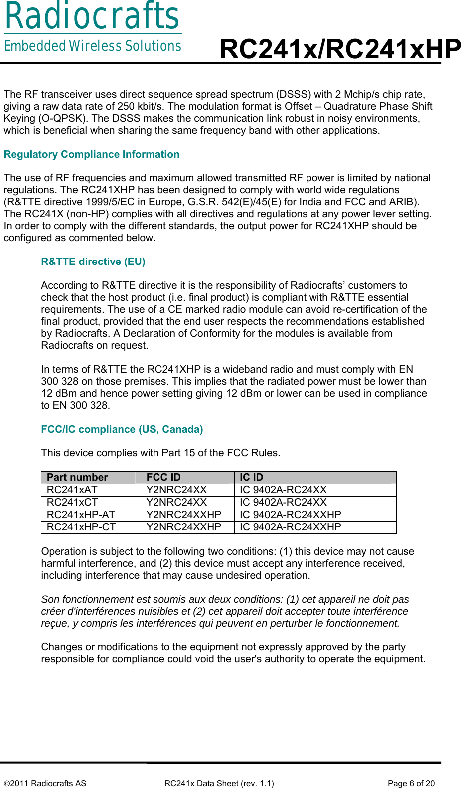 RadiocraftsEmbedded Wireless Solutions  RC241x/RC241xHP     ©2011 Radiocrafts AS  RC241x Data Sheet (rev. 1.1)  Page 6 of 20   The RF transceiver uses direct sequence spread spectrum (DSSS) with 2 Mchip/s chip rate, giving a raw data rate of 250 kbit/s. The modulation format is Offset – Quadrature Phase Shift Keying (O-QPSK). The DSSS makes the communication link robust in noisy environments, which is beneficial when sharing the same frequency band with other applications.  Regulatory Compliance Information  The use of RF frequencies and maximum allowed transmitted RF power is limited by national regulations. The RC241XHP has been designed to comply with world wide regulations (R&amp;TTE directive 1999/5/EC in Europe, G.S.R. 542(E)/45(E) for India and FCC and ARIB). The RC241X (non-HP) complies with all directives and regulations at any power lever setting. In order to comply with the different standards, the output power for RC241XHP should be configured as commented below.   R&amp;TTE directive (EU)  According to R&amp;TTE directive it is the responsibility of Radiocrafts’ customers to check that the host product (i.e. final product) is compliant with R&amp;TTE essential requirements. The use of a CE marked radio module can avoid re-certification of the final product, provided that the end user respects the recommendations established by Radiocrafts. A Declaration of Conformity for the modules is available from Radiocrafts on request.  In terms of R&amp;TTE the RC241XHP is a wideband radio and must comply with EN 300 328 on those premises. This implies that the radiated power must be lower than 12 dBm and hence power setting giving 12 dBm or lower can be used in compliance to EN 300 328.  FCC/IC compliance (US, Canada)   This device complies with Part 15 of the FCC Rules.  Part number  FCC ID  IC ID RC241xAT Y2NRC24XX IC 9402A-RC24XX RC241xCT Y2NRC24XX IC 9402A-RC24XX RC241xHP-AT Y2NRC24XXHP IC 9402A-RC24XXHP RC241xHP-CT Y2NRC24XXHP IC 9402A-RC24XXHP  Operation is subject to the following two conditions: (1) this device may not cause harmful interference, and (2) this device must accept any interference received, including interference that may cause undesired operation.  Son fonctionnement est soumis aux deux conditions: (1) cet appareil ne doit pas  créer d&apos;interférences nuisibles et (2) cet appareil doit accepter toute interférence reçue, y compris les interférences qui peuvent en perturber le fonctionnement.  Changes or modifications to the equipment not expressly approved by the party responsible for compliance could void the user&apos;s authority to operate the equipment.  