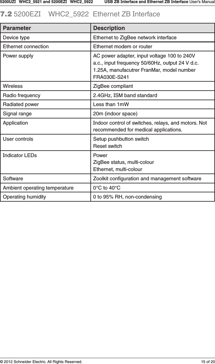 15 of 205200UZI   WHC2_5921 and 5200EZI   WHC2_5922   USB ZB Interface and Ethernet ZB Interface User’s Manual© 2012 Schneider Electric. All Rights Reserved.7.2 5200EZI    WHC2_5922  Ethernet ZB InterfaceParameter DescriptionDevice type Ethernet to ZigBee network interfaceEthernet connection Ethernet modem or routerPower supply AC power adapter, input voltage 100 to 240V a.c., input frequency 50/60Hz, output 24 V d.c. 1.25A, manufacutrer FranMar, model number FRA030E-S241Wireless ZigBee compliantRadio frequency 2.4GHz, ISM band standardRadiated power Less than 1mWSignal range 20m (indoor space)Application Indoor control of switches, relays, and motors. Not recommended for medical applications.User controls Setup pushbutton switch Reset switchIndicator LEDs Power ZigBee status, multi-colour Ethernet, multi-colourSoftware Zoolkit conﬁguration and management softwareAmbient operating temperature 0°C to 40°COperating humidity 0 to 95% RH, non-condensing