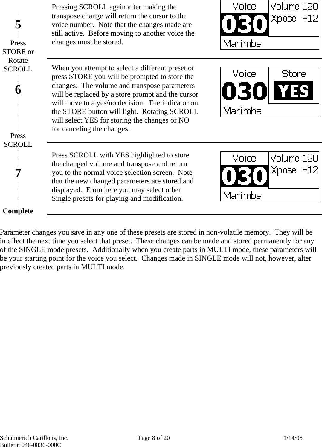 Schulmerich Carillons, Inc.   Page 8 of 20  1/14/05 Bulletin 046-0836-000C               Parameter changes you save in any one of these presets are stored in non-volatile memory.  They will be in effect the next time you select that preset.  These changes can be made and stored permanently for any of the SINGLE mode presets.  Additionally when you create parts in MULTI mode, these parameters will be your starting point for the voice you select.  Changes made in SINGLE mode will not, however, alter previously created parts in MULTI mode.  Pressing SCROLL again after making the transpose change will return the cursor to the voice number.  Note that the changes made are still active.  Before moving to another voice the changes must be stored.   When you attempt to select a different preset or press STORE you will be prompted to store the changes.  The volume and transpose parameters will be replaced by a store prompt and the cursor will move to a yes/no decision.  The indicator on the STORE button will light.  Rotating SCROLL will select YES for storing the changes or NO for canceling the changes.   Press SCROLL with YES highlighted to store the changed volume and transpose and return you to the normal voice selection screen.  Note that the new changed parameters are stored and displayed.  From here you may select other Single presets for playing and modification.     | 5 | Press STORE or Rotate SCROLL | 6 | | | | Press SCROLL | | 7 | | | Complete 