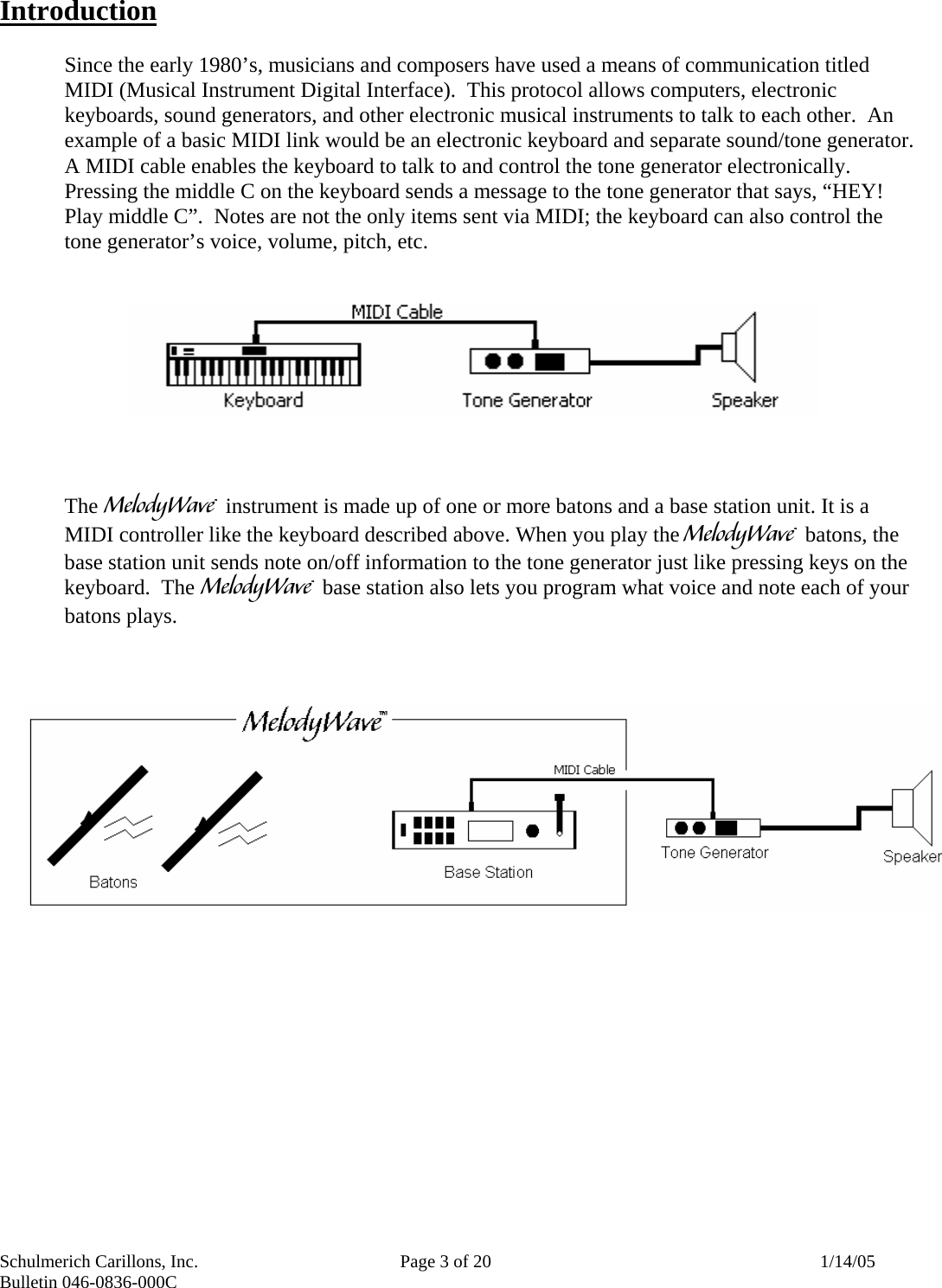 Schulmerich Carillons, Inc.   Page 3 of 20  1/14/05 Bulletin 046-0836-000C   Introduction  Since the early 1980’s, musicians and composers have used a means of communication titled MIDI (Musical Instrument Digital Interface).  This protocol allows computers, electronic keyboards, sound generators, and other electronic musical instruments to talk to each other.  An example of a basic MIDI link would be an electronic keyboard and separate sound/tone generator.  A MIDI cable enables the keyboard to talk to and control the tone generator electronically.  Pressing the middle C on the keyboard sends a message to the tone generator that says, “HEY! Play middle C”.  Notes are not the only items sent via MIDI; the keyboard can also control the tone generator’s voice, volume, pitch, etc.       The m instrument is made up of one or more batons and a base station unit. It is a MIDI controller like the keyboard described above. When you play the m batons, the base station unit sends note on/off information to the tone generator just like pressing keys on the keyboard.  The m base station also lets you program what voice and note each of your batons plays.         