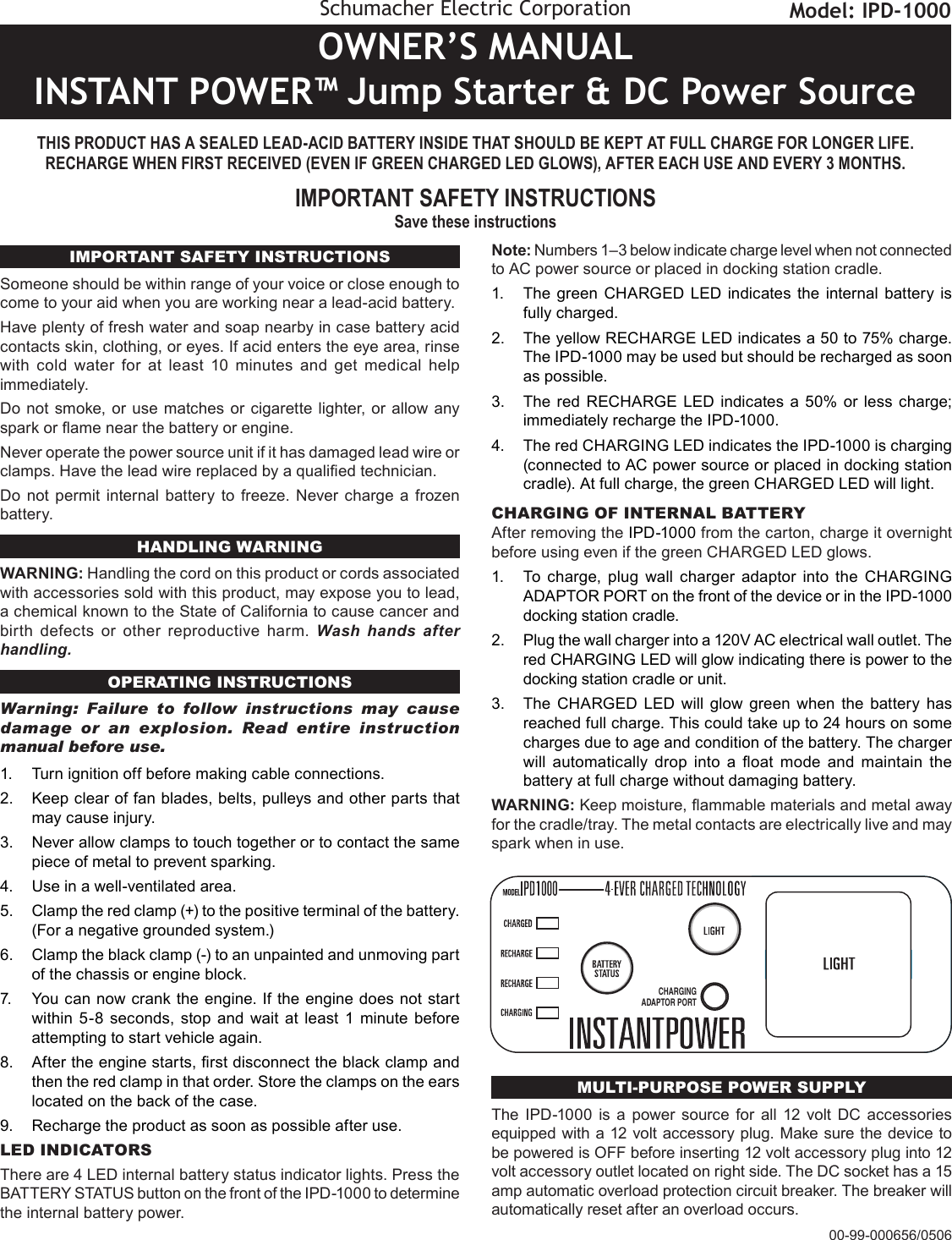 Page 1 of 2 - Schumacher Schumacher-Instant-Power-00-99-000656-Users-Manual- Schumacher-instant-power-00-99-000656-users-manual