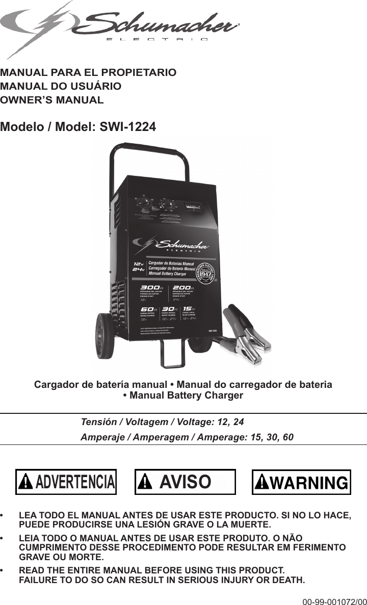 Schumacher Manual Battery Charger Swi 1224 Users