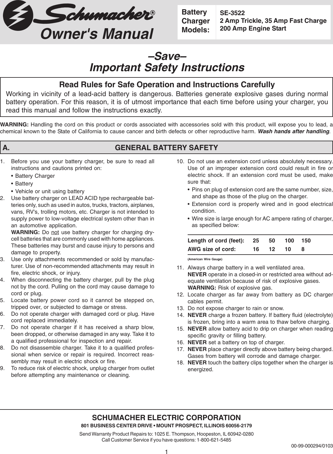 Page 1 of 8 - Schumacher Schumacher-Se-3522-Users-Manual- 00-99-000294-0103  Schumacher-se-3522-users-manual