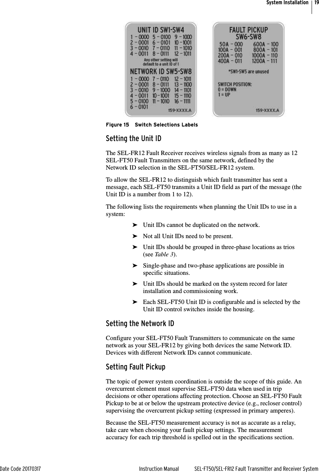 19Date Code 20170317 Instruction Manual SEL-FT50/SEL-FR12 Fault Transmitter and Receiver SystemSystem InstallationFigure 15 Switch Selections LabelsSetting the Unit IDThe SEL-FR12 Fault Receiver receives wireless signals from as many as 12 SEL-FT50 Fault Transmitters on the same network, defined by the Network ID selection in the SEL-FT50/SEL-FR12 system.To allow the SEL-FR12 to distinguish which fault transmitter has sent a message, each SEL-FT50 transmits a Unit ID field as part of the message (the Unit ID is a number from 1 to 12).The following lists the requirements when planning the Unit IDs to use in a system:➤Unit IDs cannot be duplicated on the network.➤Not all Unit IDs need to be present.➤Unit IDs should be grouped in three-phase locations as trios (see Table 3).➤Single-phase and two-phase applications are possible in specific situations.➤Unit IDs should be marked on the system record for later installation and commissioning work.➤Each SEL-FT50 Unit ID is configurable and is selected by the Unit ID control switches inside the housing. Setting the Network IDConfigure your SEL-FT50 Fault Transmitters to communicate on the same network as your SEL-FR12 by giving both devices the same Network ID. Devices with different Network IDs cannot communicate.Setting Fault PickupThe topic of power system coordination is outside the scope of this guide. An overcurrent element must supervise SEL-FT50 data when used in trip decisions or other operations affecting protection. Choose an SEL-FT50 Fault Pickup to be at or below the upstream protective device (e.g., recloser control) supervising the overcurrent pickup setting (expressed in primary amperes).Because the SEL-FT50 measurement accuracy is not as accurate as a relay, take care when choosing your fault pickup settings. The measurement accuracy for each trip threshold is spelled out in the specifications section. 