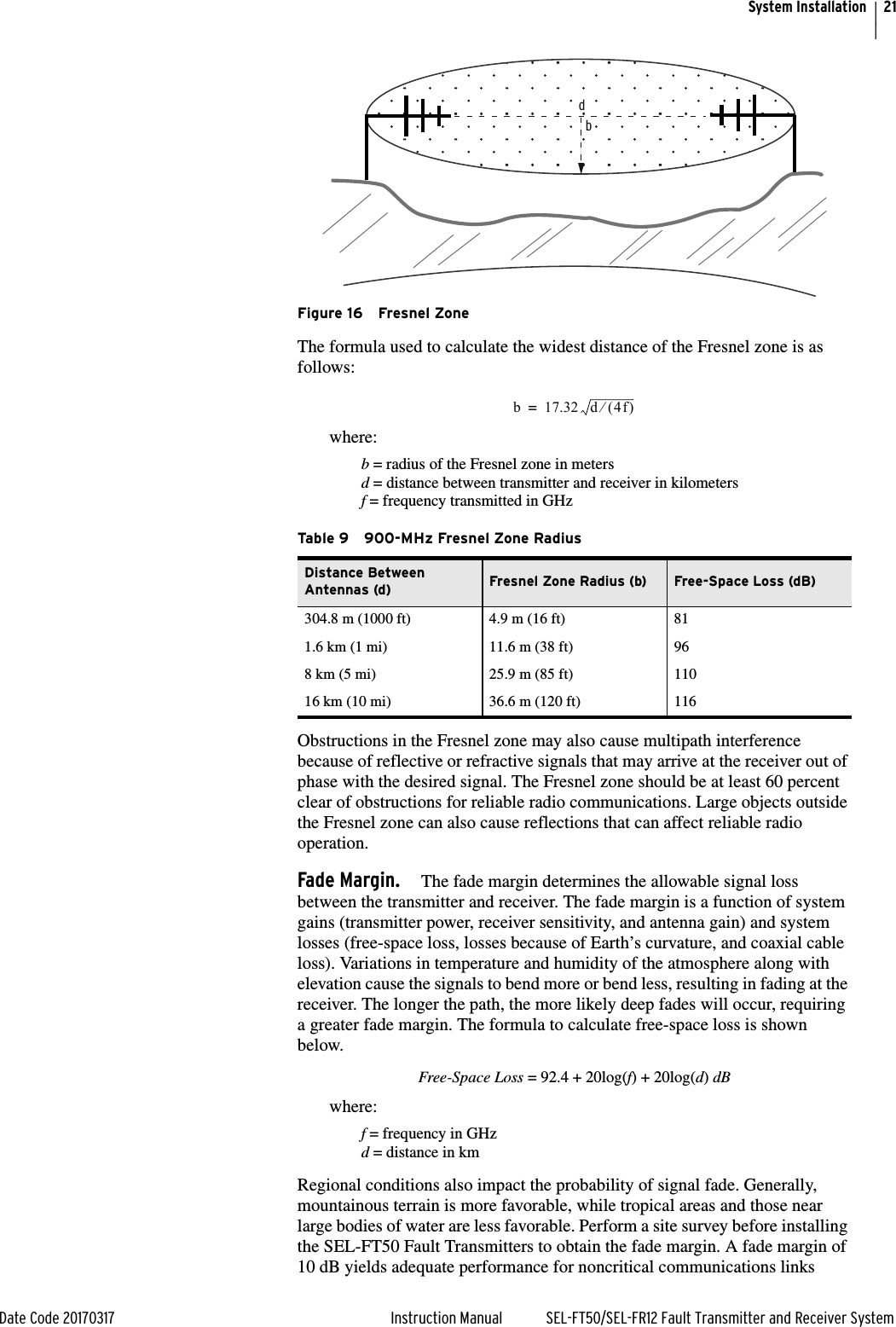 21Date Code 20170317 Instruction Manual SEL-FT50/SEL-FR12 Fault Transmitter and Receiver SystemSystem InstallationFigure 16 Fresnel ZoneThe formula used to calculate the widest distance of the Fresnel zone is as follows:where:b = radius of the Fresnel zone in metersd = distance between transmitter and receiver in kilometersf = frequency transmitted in GHzObstructions in the Fresnel zone may also cause multipath interference because of reflective or refractive signals that may arrive at the receiver out of phase with the desired signal. The Fresnel zone should be at least 60 percent clear of obstructions for reliable radio communications. Large objects outside the Fresnel zone can also cause reflections that can affect reliable radio operation.Fade Margin. The fade margin determines the allowable signal loss between the transmitter and receiver. The fade margin is a function of system gains (transmitter power, receiver sensitivity, and antenna gain) and system losses (free-space loss, losses because of Earth’s curvature, and coaxial cable loss). Variations in temperature and humidity of the atmosphere along with elevation cause the signals to bend more or bend less, resulting in fading at the receiver. The longer the path, the more likely deep fades will occur, requiring a greater fade margin. The formula to calculate free-space loss is shown below.Free-Space Loss = 92.4 + 20log(f) + 20log(d) dBwhere: f = frequency in GHzd = distance in kmRegional conditions also impact the probability of signal fade. Generally, mountainous terrain is more favorable, while tropical areas and those near large bodies of water are less favorable. Perform a site survey before installing the SEL-FT50 Fault Transmitters to obtain the fade margin. A fade margin of 10 dB yields adequate performance for noncritical communications links Table 9 900-MHz Fresnel Zone RadiusDistance Between Antennas (d) Fresnel Zone Radius (b) Free-Space Loss (dB)304.8 m (1000 ft) 4.9 m (16 ft) 811.6 km (1 mi) 11.6 m (38 ft) 968 km (5 mi) 25.9 m (85 ft) 11016 km (10 mi) 36.6 m (120 ft) 116dbb 17.32 d 4f e=