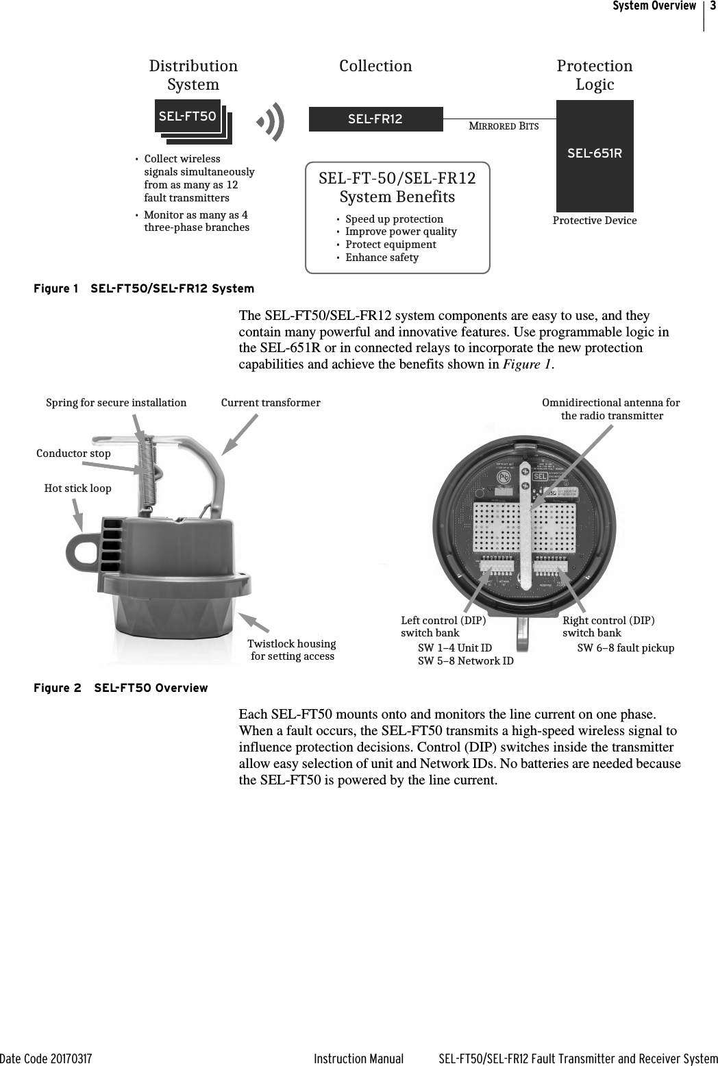 3Date Code 20170317 Instruction Manual SEL-FT50/SEL-FR12 Fault Transmitter and Receiver SystemSystem OverviewFigure 1 SEL-FT50/SEL-FR12 SystemThe SEL-FT50/SEL-FR12 system components are easy to use, and they contain many powerful and innovative features. Use programmable logic in the SEL-651R or in connected relays to incorporate the new protection capabilities and achieve the benefits shown in Figure 1.Figure 2 SEL-FT50 OverviewEach SEL-FT50 mounts onto and monitors the line current on one phase. When a fault occurs, the SEL-FT50 transmits a high-speed wireless signal to influence protection decisions. Control (DIP) switches inside the transmitter allow easy selection of unit and Network IDs. No batteries are needed because the SEL-FT50 is powered by the line current.Protective DeviceSEL-651RSEL-FR12SEL-FT50MIRRORED BITSDistributionSystemCollection ProtectionLogic•  Collect wireless      signals simultaneously     from as many as 12     fault transmitters •  Monitor as many as 4     three-phase branchesSEL-FT-50/SEL-FR12System Benefits•  Speed up protection•  Improve power quality•  Protect equipment•  Enhance safetyHot stick loopCurrent transformerTwistlock housing for setting accessOmnidirectional antenna for the radio transmitterSpring for secure installationConductor stopLeft control (DIP)switch bankSW 1–4 Unit IDSW 5–8 Network IDRight control (DIP)switch bankSW 6–8 fault pickup