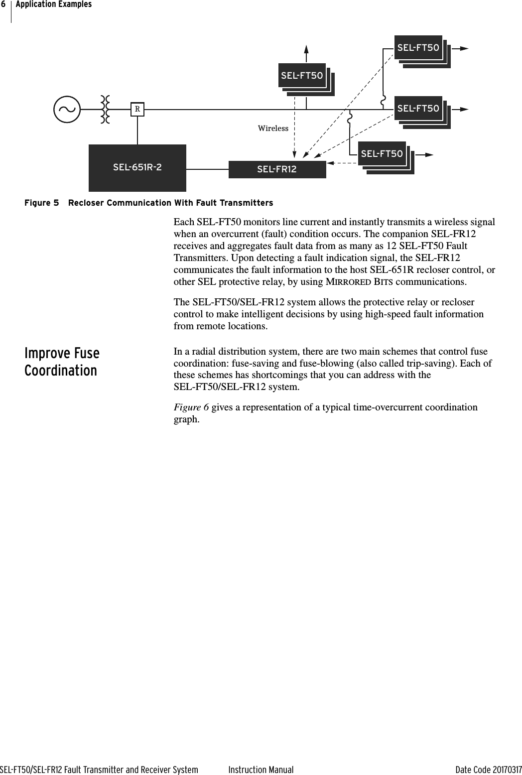 6SEL-FT50/SEL-FR12 Fault Transmitter and Receiver System Instruction Manual Date Code 20170317Application ExamplesFigure 5 Recloser Communication With Fault TransmittersEach SEL-FT50 monitors line current and instantly transmits a wireless signal when an overcurrent (fault) condition occurs. The companion SEL-FR12 receives and aggregates fault data from as many as 12 SEL-FT50 Fault Transmitters. Upon detecting a fault indication signal, the SEL-FR12 communicates the fault information to the host SEL-651R recloser control, or other SEL protective relay, by using MIRRORED BITS communications.The SEL-FT50/SEL-FR12 system allows the protective relay or recloser control to make intelligent decisions by using high-speed fault information from remote locations.Improve Fuse CoordinationIn a radial distribution system, there are two main schemes that control fuse coordination: fuse-saving and fuse-blowing (also called trip-saving). Each of these schemes has shortcomings that you can address with the SEL-FT50/SEL-FR12 system.Figure 6 gives a representation of a typical time-overcurrent coordination graph.RWirelessSEL-FT50SEL-FT50SEL-FT50SEL-FT50SEL-FR12SEL-651R-2