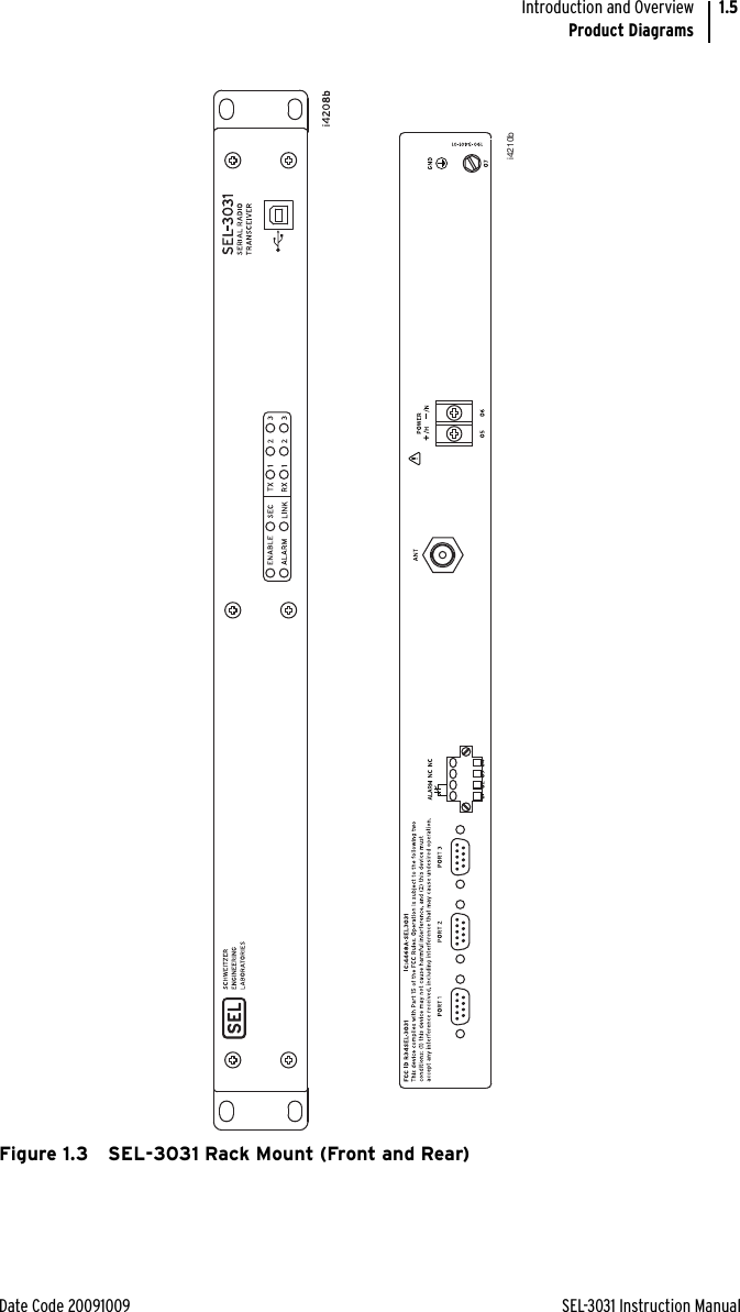 Date Code 20091009 SEL-3031 Instruction ManualIntroduction and OverviewProduct Diagrams1.5Figure 1.3 SEL-3031 Rack Mount (Front and Rear)i4210b