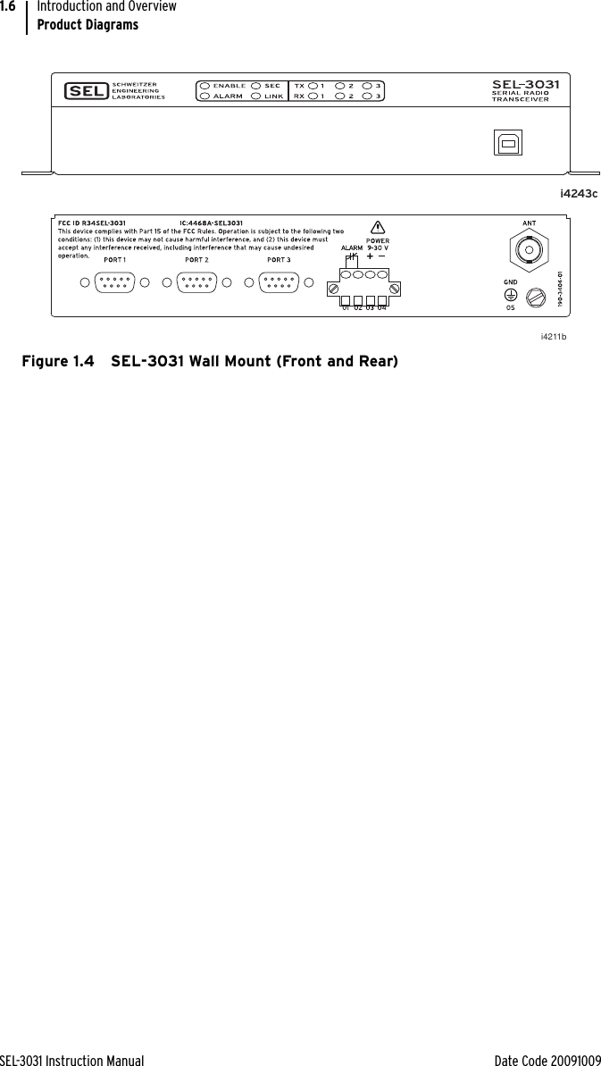 SEL-3031 Instruction Manual Date Code 20091009Introduction and OverviewProduct Diagrams1.6Figure 1.4 SEL-3031 Wall Mount (Front and Rear)i4243ci4211b