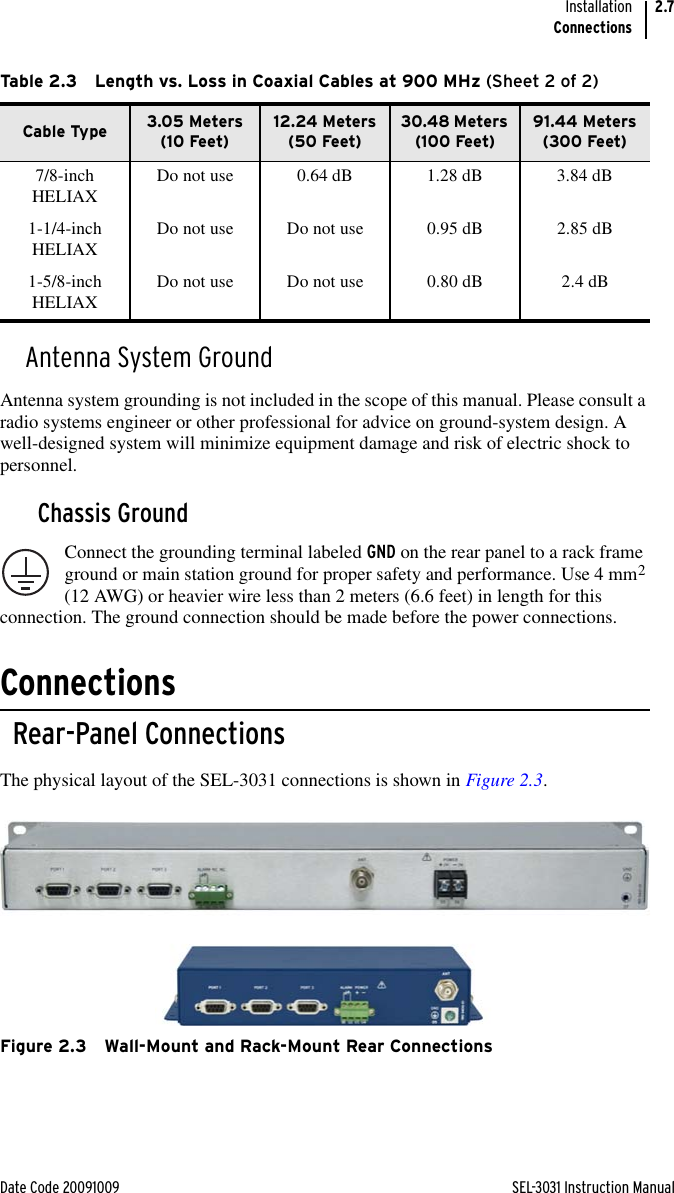 Date Code 20091009 SEL-3031 Instruction ManualInstallationConnections2.7Antenna System GroundAntenna system grounding is not included in the scope of this manual. Please consult a radio systems engineer or other professional for advice on ground-system design. A well-designed system will minimize equipment damage and risk of electric shock to personnel.Chassis GroundConnect the grounding terminal labeled GND on the rear panel to a rack frame ground or main station ground for proper safety and performance. Use 4 mm2 (12 AWG) or heavier wire less than 2 meters (6.6 feet) in length for this connection. The ground connection should be made before the power connections.ConnectionsRear-Panel ConnectionsThe physical layout of the SEL-3031 connections is shown in Figure 2.3.Figure 2.3 Wall-Mount and Rack-Mount Rear Connections7/8-inch HELIAX Do not use 0.64 dB 1.28 dB 3.84 dB1-1/4-inch HELIAX Do not use Do not use 0.95 dB 2.85 dB1-5/8-inch HELIAX Do not use Do not use 0.80 dB 2.4 dBTable 2.3 Length vs. Loss in Coaxial Cables at 900 MHz (Sheet 2 of 2)Cable Type 3.05 Meters (10 Feet)12.24 Meters (50 Feet)30.48 Meters (100 Feet)91.44 Meters (300 Feet)