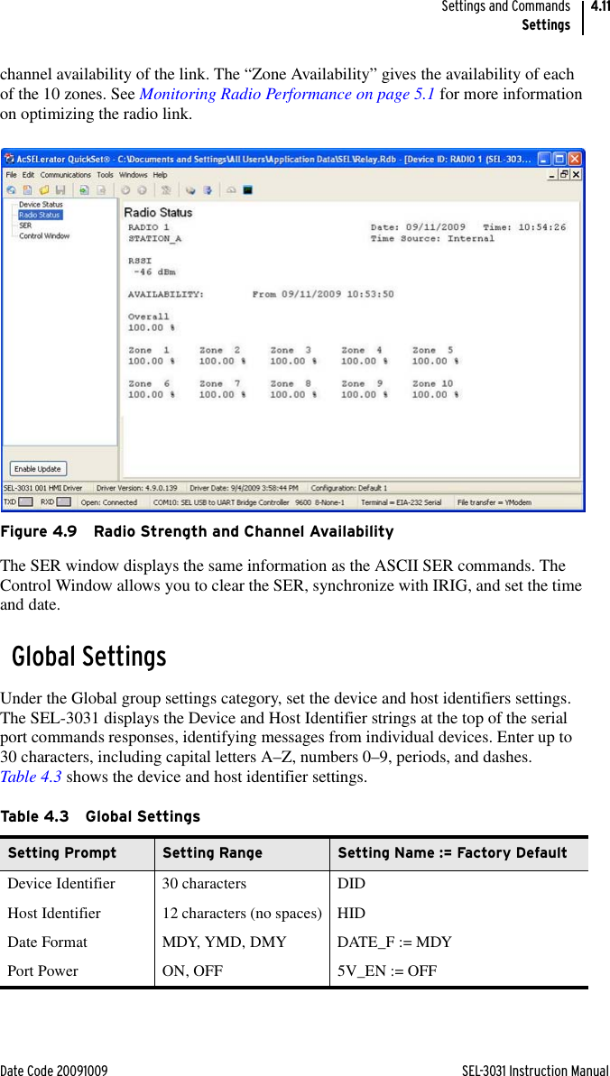 Date Code 20091009 SEL-3031 Instruction ManualSettings and CommandsSettings4.11channel availability of the link. The “Zone Availability” gives the availability of each of the 10 zones. See Monitoring Radio Performance on page 5.1 for more information on optimizing the radio link.Figure 4.9 Radio Strength and Channel AvailabilityThe SER window displays the same information as the ASCII SER commands. The Control Window allows you to clear the SER, synchronize with IRIG, and set the time and date.Global SettingsUnder the Global group settings category, set the device and host identifiers settings. The SEL-3031 displays the Device and Host Identifier strings at the top of the serial port commands responses, identifying messages from individual devices. Enter up to 30 characters, including capital letters A–Z, numbers 0–9, periods, and dashes. Table 4.3 shows the device and host identifier settings.Ta b le 4. 3 G l oba l  Setti n gsSetting Prompt Setting Range Setting Name := Factory DefaultDevice Identifier 30 characters DIDHost Identifier 12 characters (no spaces) HIDDate Format MDY, YMD, DMY DATE_F := MDYPort Power ON, OFF 5V_EN := OFF