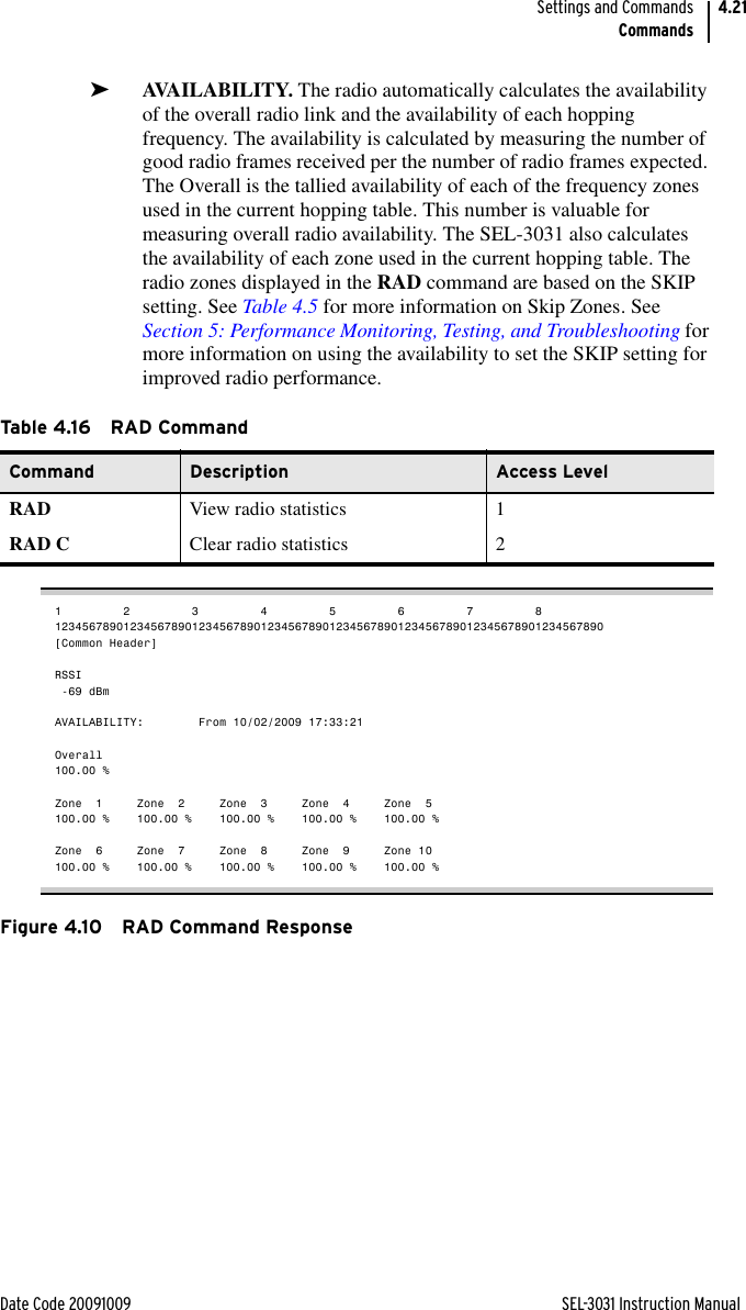 Date Code 20091009 SEL-3031 Instruction ManualSettings and CommandsCommands4.21➤AVAILABILITY. The radio automatically calculates the availability of the overall radio link and the availability of each hopping frequency. The availability is calculated by measuring the number of good radio frames received per the number of radio frames expected. The Overall is the tallied availability of each of the frequency zones used in the current hopping table. This number is valuable for measuring overall radio availability. The SEL-3031 also calculates the availability of each zone used in the current hopping table. The radio zones displayed in the RAD command are based on the SKIP setting. See Table 4.5 for more information on Skip Zones. See Section 5: Performance Monitoring, Testing, and Troubleshooting for more information on using the availability to set the SKIP setting for improved radio performance.1         2         3         4         5         6         7         812345678901234567890123456789012345678901234567890123456789012345678901234567890[Common Header]RSSI -69 dBmAVAILABILITY:        From 10/02/2009 17:33:21Overall100.00 %Zone  1     Zone  2     Zone  3     Zone  4     Zone  5100.00 %    100.00 %    100.00 %    100.00 %    100.00 %Zone  6     Zone  7     Zone  8     Zone  9     Zone 10100.00 %    100.00 %    100.00 %    100.00 %    100.00 %Figure 4.10 RAD Command ResponseTa b le 4.1 6 RA D  Comm andCommand Description Access LevelRAD View radio statistics 1RAD C Clear radio statistics 2