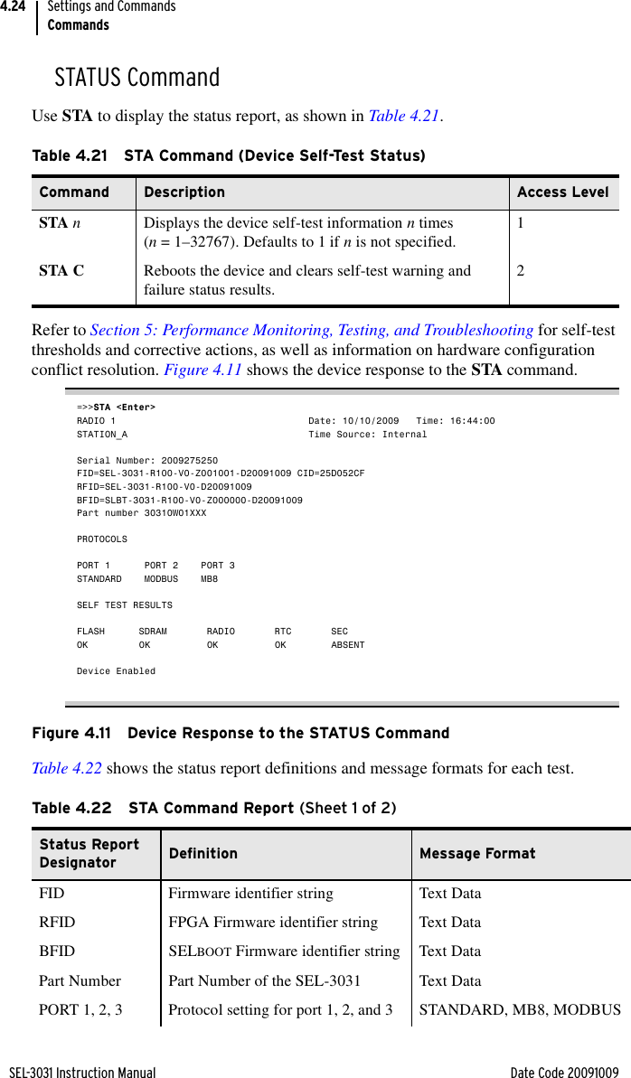 SEL-3031 Instruction Manual Date Code 20091009Settings and CommandsCommands4.24STATUS CommandUse STA to display the status report, as shown in Table 4.21.Refer to Section 5: Performance Monitoring, Testing, and Troubleshooting for self-test thresholds and corrective actions, as well as information on hardware configuration conflict resolution. Figure 4.11 shows the device response to the STA command.=&gt;&gt;STA &lt;Enter&gt;RADIO 1                                  Date: 10/10/2009   Time: 16:44:00STATION_A                                Time Source: InternalSerial Number: 2009275250FID=SEL-3031-R100-V0-Z001001-D20091009 CID=25D052CFRFID=SEL-3031-R100-V0-D20091009BFID=SLBT-3031-R100-V0-Z000000-D20091009Part number 30310W01XXXPROTOCOLSPORT 1  PORT 2 PORT 3STANDARD MODBUS MB8SELF TEST RESULTSFLASH      SDRAM       RADIO       RTC       SECOK OK OK OK ABSENTDevice EnabledFigure 4.11 Device Response to the STATUS CommandTable 4.22 shows the status report definitions and message formats for each test.Table 4.21 STA Command (Device Self-Test Status)Command Description Access LevelSTA nDisplays the device self-test information n times (n = 1–32767). Defaults to 1 if n is not specified. 1STA C Reboots the device and clears self-test warning and failure status results. 2Table 4.22 STA Command Report (Sheet 1 of 2)Status Report Designator Definition Message FormatFID Firmware identifier string Text DataRFID FPGA Firmware identifier string Text DataBFID SELBOOT Firmware identifier string Text DataPart Number Part Number of the SEL-3031 Text DataPORT 1, 2, 3 Protocol setting for port 1, 2, and 3 STANDARD, MB8, MODBUS