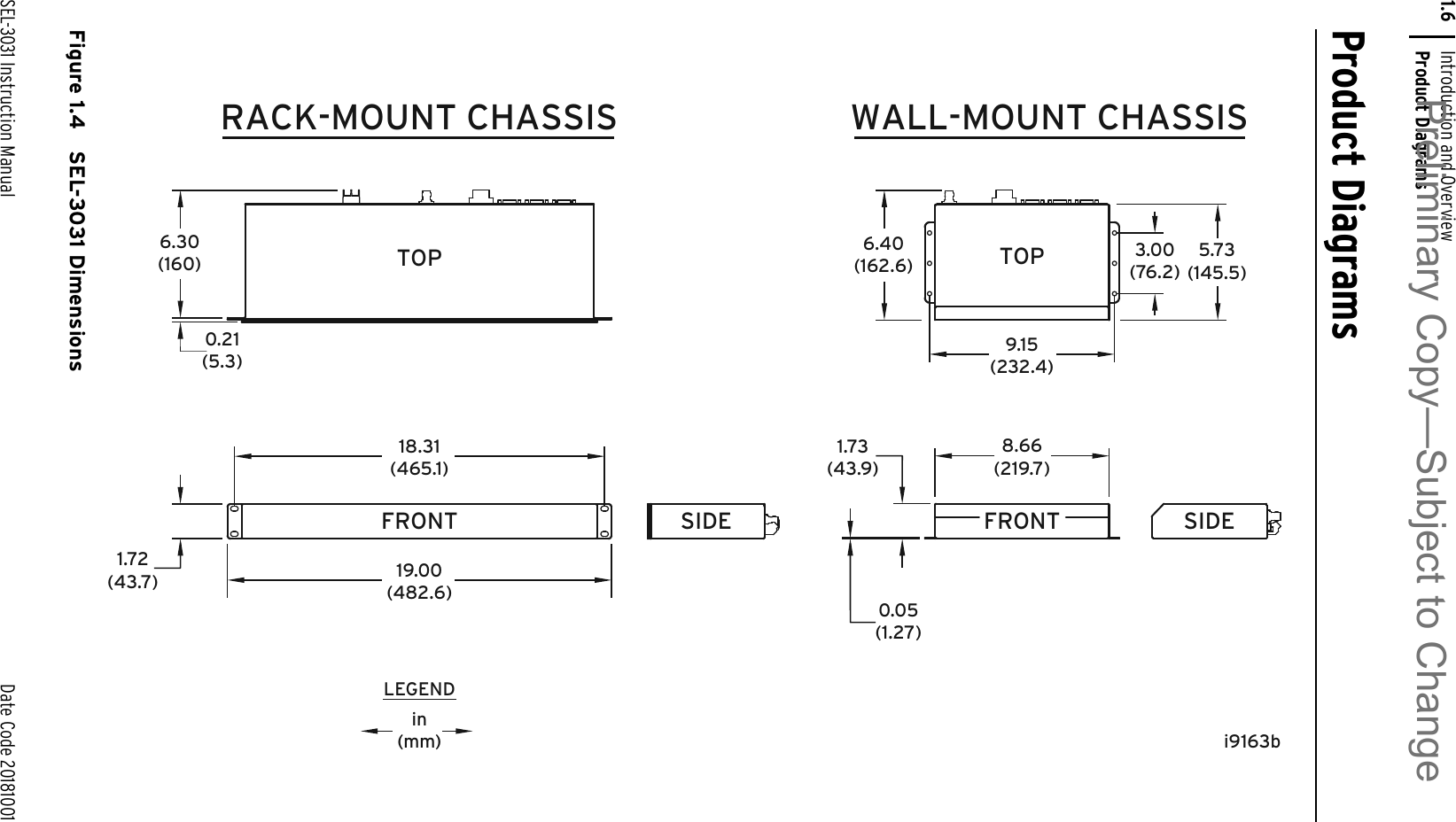 SEL-3031 Instruction Manual Date Code 20181001Introduction and OverviewProduct Diagrams1.6Product DiagramsFigure 1.4 SEL-3031 Dimensionsi9163bRACK-MOUNT CHASSIS WALL-MOUNT CHASSIS9.15(232.4)18.31(465.1)FRONT19.00(482.6)1.72(43.7)TOP TOP6.40(162.6)6.30(160) 5.73(145.5)3.00(76.2)LEGENDin(mm)SIDE0.21(5.3)8.66(219.7)FRONT SIDE0.05(1.27)1.73(43.9)Preliminary Copy—Subject to Change