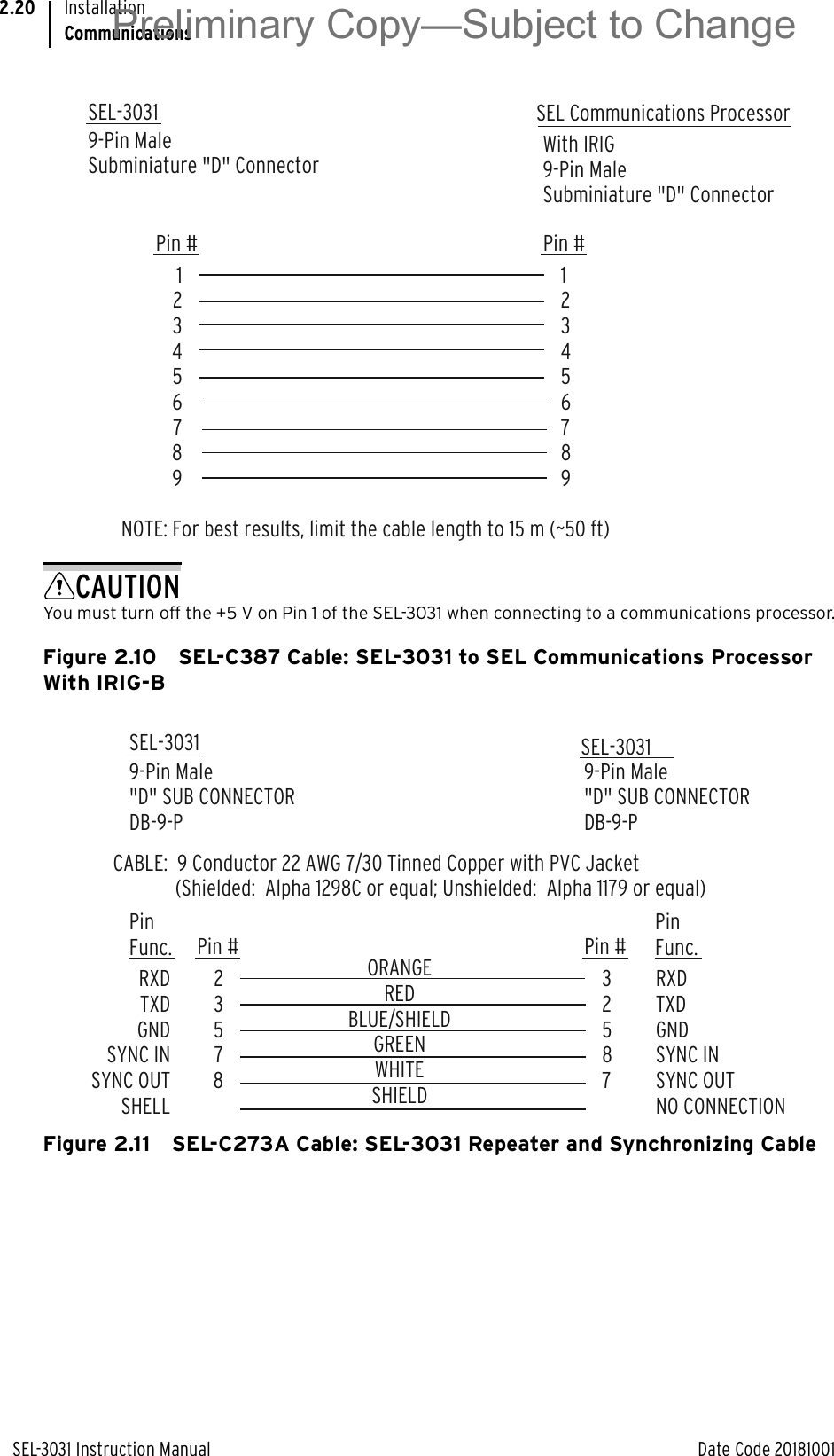 SEL-3031 Instruction Manual Date Code 20181001InstallationCommunications2.20CAUTIONYou must turn off the +5 V on Pin 1 of the SEL-3031 when connecting to a communications processor.Figure 2.10 SEL-C387 Cable: SEL-3031 to SEL Communications Processor With IRIG-BFigure 2.11 SEL-C273A Cable: SEL-3031 Repeater and Synchronizing CableSEL-3031 9-Pin MaleSubminiature &quot;D&quot; Connector With IRIG9-Pin MaleSubminiature &quot;D&quot; Connector123456789123456789Pin # Pin #NOTE: For best results, limit the cable length to 15 m (~50 ft)SEL Communications ProcessorSEL-3031 9-Pin Male&quot;D&quot; SUB CONNECTORDB-9-P9-Pin Male&quot;D&quot; SUB CONNECTORDB-9-P2357832587RXDTXDGNDSYNC INSYNC OUTSHELLPinFunc.RXDTXDGNDSYNC INSYNC OUTNO CONNECTIONPinFunc.Pin # Pin #SEL-3031 CABLE:  9 Conductor 22 AWG 7/30 Tinned Copper with PVC Jacket             (Shielded:  Alpha 1298C or equal; Unshielded:  Alpha 1179 or equal)ORANGEREDBLUE/SHIELDGREENWHITESHIELDPreliminary Copy—Subject to Change