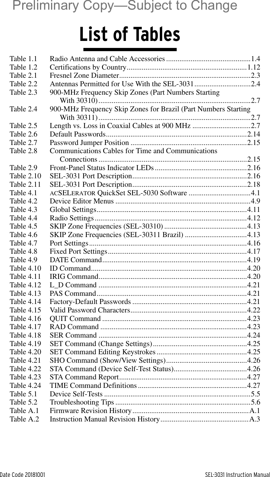 Date Code 20181001 SEL-3031 Instruction ManualList of TablesTable 1.1 Radio Antenna and Cable Accessories .............................................1.4Table 1.2 Certifications by Country................................................................1.12Table 2.1 Fresnel Zone Diameter......................................................................2.3Table 2.2 Antennas Permitted for Use With the SEL-3031..............................2.4Table 2.3 900-MHz Frequency Skip Zones (Part Numbers Starting With 30310).................................................................................2.7Table 2.4 900-MHz Frequency Skip Zones for Brazil (Part Numbers Starting With 30311).................................................................................2.7Table 2.5 Length vs. Loss in Coaxial Cables at 900 MHz ...............................2.7Table 2.6 Default Passwords...........................................................................2.14Table 2.7 Password Jumper Position ..............................................................2.15Table 2.8 Communications Cables for Time and Communications Connections ...............................................................................2.15Table 2.9 Front-Panel Status Indicator LEDs .................................................2.16Table 2.10 SEL-3031 Port Description.............................................................2.16Table 2.11 SEL-3031 Port Description.............................................................2.18Table 4.1 ACSELERATOR QuickSet SEL-5030 Software .................................4.1Table 4.2 Device Editor Menus ........................................................................4.9Table 4.3 Global Settings................................................................................4.11Table 4.4 Radio Settings.................................................................................4.12Table 4.5 SKIP Zone Frequencies (SEL-30310) ............................................4.13Table 4.6 SKIP Zone Frequencies (SEL-30311 Brazil) .................................4.13Table 4.7 Port Settings....................................................................................4.16Table 4.8 Fixed Port Settings..........................................................................4.17Table 4.9 DATE Command.............................................................................4.19Table 4.10 ID Command...................................................................................4.20Table 4.11 IRIG Command...............................................................................4.20Table 4.12 L_D Command ...............................................................................4.21Table 4.13 PAS Command................................................................................4.21Table 4.14 Factory-Default Passwords .............................................................4.21Table 4.15 Valid Password Characters..............................................................4.22Table 4.16 QUIT Command .............................................................................4.23Table 4.17 RAD Command ..............................................................................4.23Table 4.18 SER Command ...............................................................................4.24Table 4.19 SET Command (Change Settings)..................................................4.25Table 4.20 SET Command Editing Keystrokes ................................................4.25Table 4.21 SHO Command (Show/View Settings)...........................................4.26Table 4.22 STA Command (Device Self-Test Status).......................................4.26Table 4.23 STA Command Report....................................................................4.27Table 4.24 TIME Command Definitions ..........................................................4.27Table 5.1 Device Self-Tests ..............................................................................5.5Table 5.2 Troubleshooting Tips ........................................................................5.6Table A.1 Firmware Revision History..............................................................A.1Table A.2 Instruction Manual Revision History...............................................A.3Preliminary Copy—Subject to Change