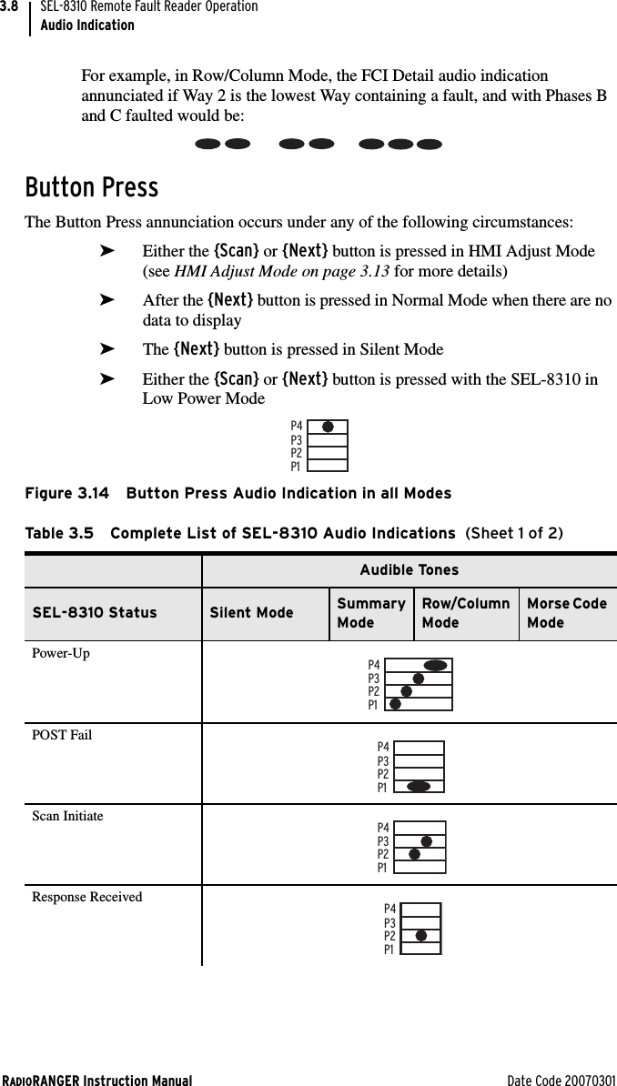 RADIORANGER Instruction Manual Date Code 20070301SEL-8310 Remote Fault Reader OperationAudio Indication3.8For example, in Row/Column Mode, the FCI Detail audio indication annunciated if Way 2 is the lowest Way containing a fault, and with Phases B and C faulted would be:Button PressThe Button Press annunciation occurs under any of the following circumstances:➤Either the {Scan} or {Next} button is pressed in HMI Adjust Mode (see HMI Adjust Mode on page 3.13 for more details)➤After the {Next} button is pressed in Normal Mode when there are no data to display➤The {Next} button is pressed in Silent Mode➤Either the {Scan} or {Next} button is pressed with the SEL-8310 in Low Power ModeFigure 3.14 Button Press Audio Indication in all ModesTable 3.5 Complete List of SEL-8310 Audio Indications  (Sheet 1 of 2)Audible TonesSEL-8310 Status Silent Mode Summary ModeRow/Column ModeMorse Code ModePower-UpPOST FailScan InitiateResponse ReceivedP1P2P3P4P1P2P3P4P1P2P3P4P1P2P3P4P1P2P3P4