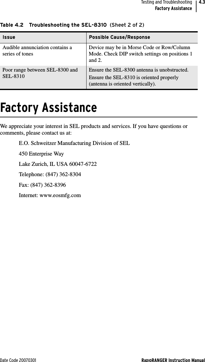 Date Code 20070301 RADIORANGER Instruction ManualTesting and TroubleshootingFactory Assistance4.3Factory AssistanceWe appreciate your interest in SEL products and services. If you have questions or comments, please contact us at:E.O. Schweitzer Manufacturing Division of SEL450 Enterprise WayLake Zurich, IL USA 60047-6722Telephone: (847) 362-8304Fax: (847) 362-8396Internet: www.eosmfg.comAudible annunciation contains a series of tonesDevice may be in Morse Code or Row/Column Mode. Check DIP switch settings on positions 1 and 2.Poor range between SEL-8300 and SEL-8310Ensure the SEL-8300 antenna is unobstructed.Ensure the SEL-8310 is oriented properly (antenna is oriented vertically).Table 4.2 Troubleshooting the SEL-8310  (Sheet 2 of 2)Issue Possible Cause/Response