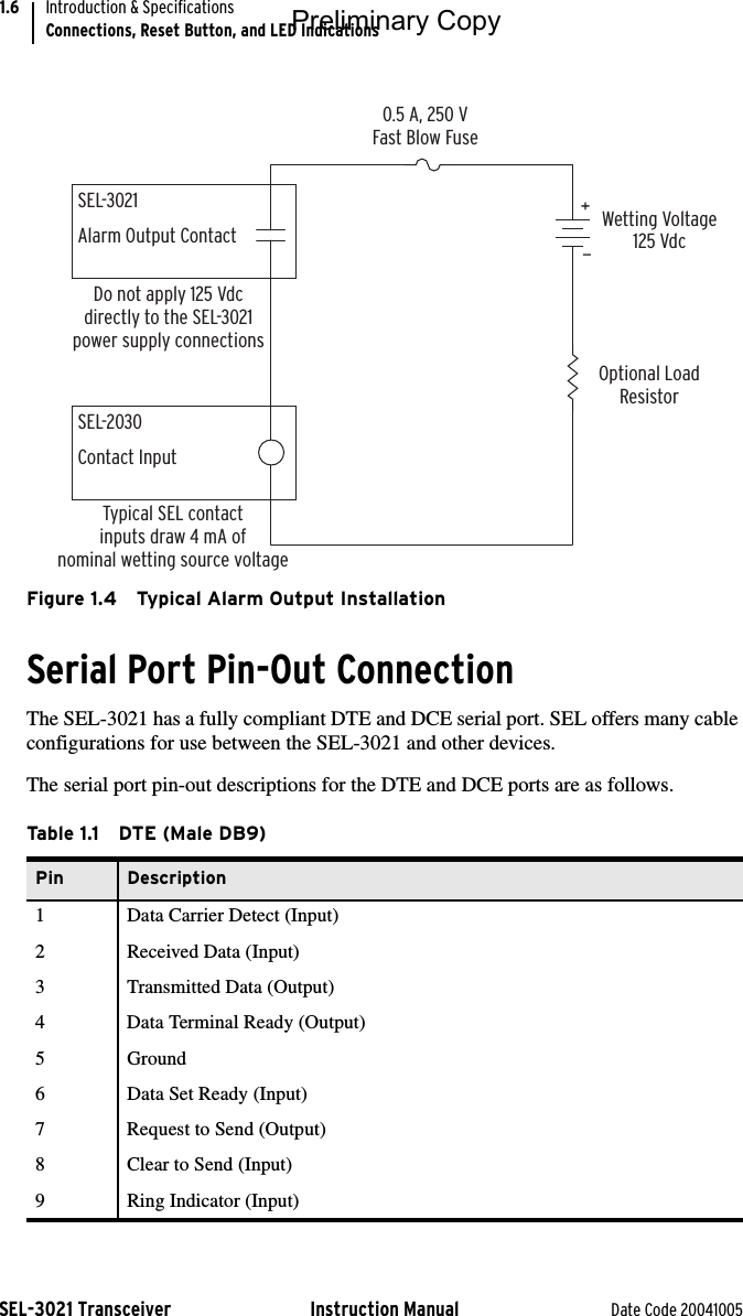 SEL-3021 Transceiver Instruction Manual Date Code 20041005Introduction &amp; SpecificationsConnections, Reset Button, and LED Indications1.6Figure 1.4 Typical Alarm Output InstallationSerial Port Pin-Out ConnectionThe SEL-3021 has a fully compliant DTE and DCE serial port. SEL offers many cable configurations for use between the SEL-3021 and other devices.The serial port pin-out descriptions for the DTE and DCE ports are as follows.Ta b le 1 .1 DT E  ( M ale  DB 9 )  Pin Description1 Data Carrier Detect (Input)2 Received Data (Input)3 Transmitted Data (Output)4 Data Terminal Ready (Output)5Ground6 Data Set Ready (Input)7 Request to Send (Output)8 Clear to Send (Input)9 Ring Indicator (Input)SEL-3021Alarm Output ContactDo not apply 125 Vdcdirectly to the SEL-3021power supply connectionsTypical SEL contact inputs draw 4 mA ofnominal wetting source voltageSEL-2030Contact InputWetting Voltage125 Vdc0.5 A, 250 VFast Blow FuseOptional Load Resistor+—Preliminary Copy