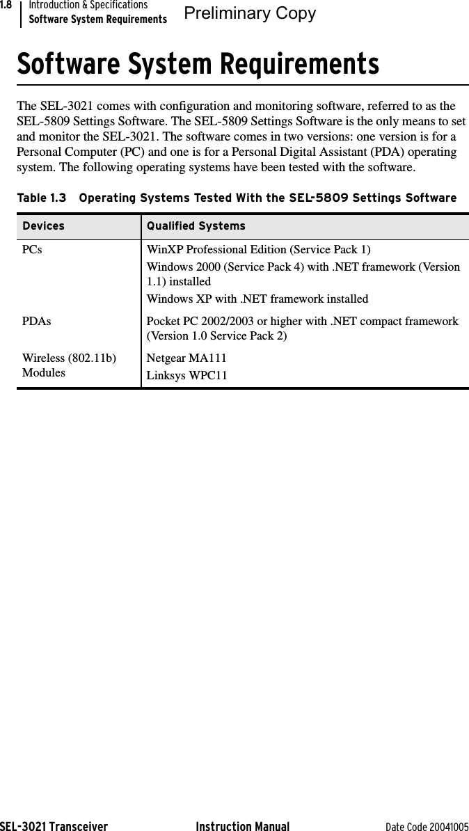 SEL-3021 Transceiver Instruction Manual Date Code 20041005Introduction &amp; SpecificationsSoftware System Requirements1.8Software System RequirementsThe SEL-3021 comes with configuration and monitoring software, referred to as the SEL-5809 Settings Software. The SEL-5809 Settings Software is the only means to set and monitor the SEL-3021. The software comes in two versions: one version is for a Personal Computer (PC) and one is for a Personal Digital Assistant (PDA) operating system. The following operating systems have been tested with the software.Table 1.3 Operating Systems Tested With the SEL-5809 Settings SoftwareDevices Qualified SystemsPCs  WinXP Professional Edition (Service Pack 1)Windows 2000 (Service Pack 4) with .NET framework (Version 1.1) installedWindows XP with .NET framework installedPDAs Pocket PC 2002/2003 or higher with .NET compact framework (Version 1.0 Service Pack 2)Wireless (802.11b) ModulesNetgear MA111Linksys WPC11Preliminary Copy