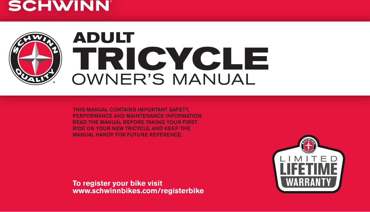 Schwinn Adult Tricycle Bicycle Owners Manual OMSCADT1