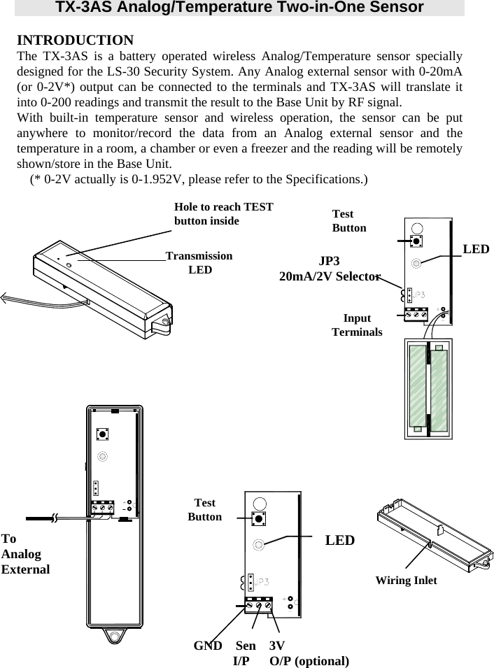 TX-3AS Analog/Temperature Two-in-One Sensor    INTRODUCTION The TX-3AS is a battery operated wireless Analog/Temperature sensor specially designed for the LS-30 Security System. Any Analog external sensor with 0-20mA (or 0-2V*) output can be connected to the terminals and TX-3AS will translate it into 0-200 readings and transmit the result to the Base Unit by RF signal. With built-in temperature sensor and wireless operation, the sensor can be put anywhere to monitor/record the data from an Analog external sensor and the temperature in a room, a chamber or even a freezer and the reading will be remotely shown/store in the Base Unit.       (* 0-2V actually is 0-1.952V, please refer to the Specifications.)                    Hole to reach TEST button inside Transmission LED LED JP3 20mA/2V SelectorInput TerminalsWiring Inlet LED Test Button To Analog External GND  Sen  3V       I/P   O/P (optional) Test Button